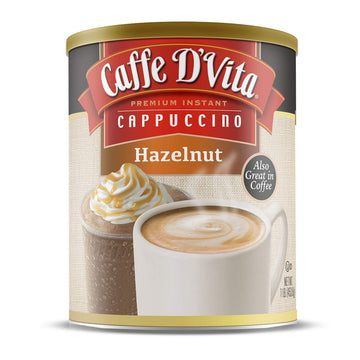 Caffe DVita Hazelnut Cappuccino - Instant Coffee Powder Mix, Gluten Free, No Cholesterol, No Hydrogenated Oils, No Trans Fat, 99% Caffeine Free - 16 Oz Can, 6-Pack