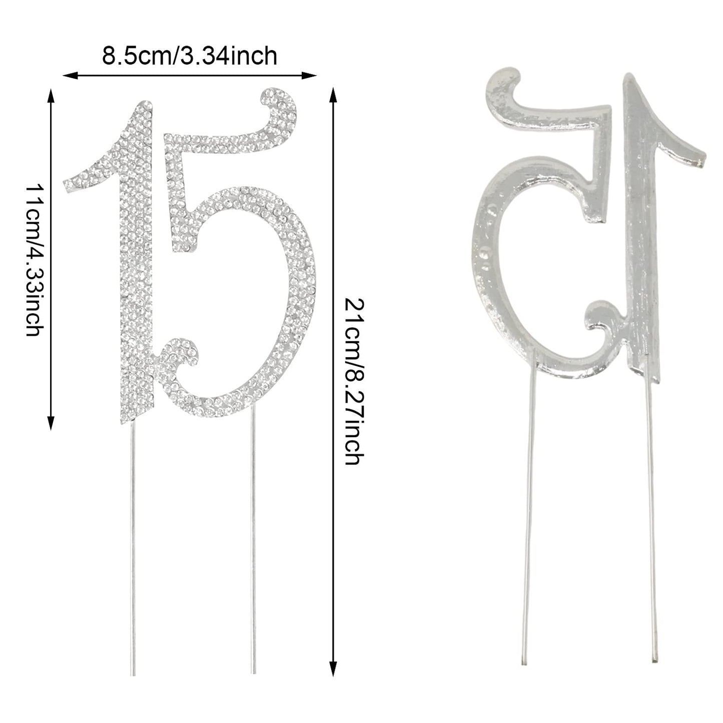 Honbay 15th Birthday Cake Topper, Sparkly Alloy Crystal Rhinestones, Silver, Model CAKE-TOPPER-15-GOLD