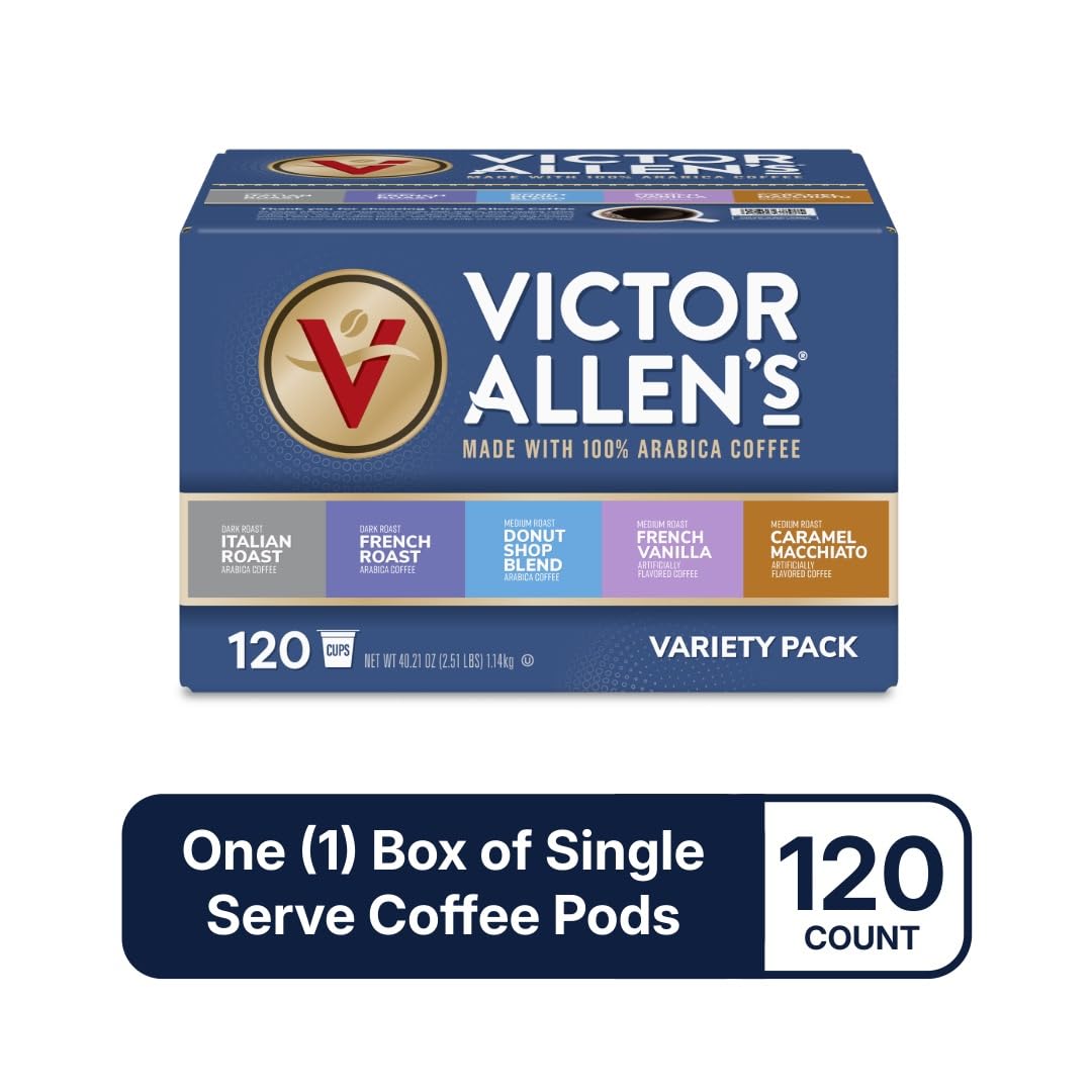 Victor Allens Coffee Variety Pack (Donut Shop Blend  French Roast  Italian Roast  French Vanilla Flavored  Caramel Macchiato)  120 Count  Single Serve Coffee Pods for Keurig K-Cup malt-inspired