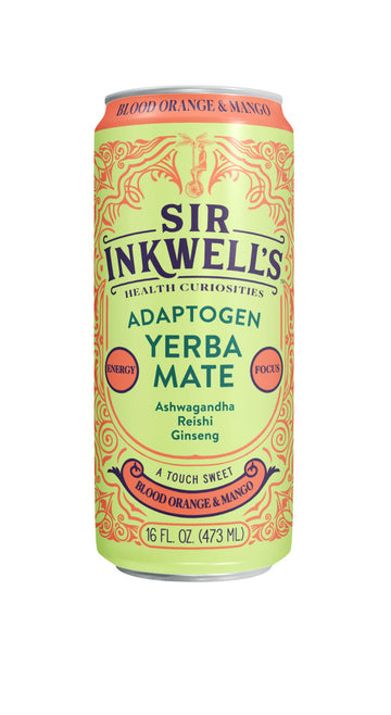 Sir Inkwells Adaptogen Yerba Mate, 150mg Organic Caffeine, 300mg Ashwagandha, Blood Orange & Mango, 16oz, 12pk