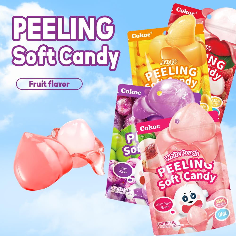 COKOC Peelable Gummy Variety Pack - 4 Individual Packs in Mango, Grape, White Peach & Lychee Flavors Candy Treats