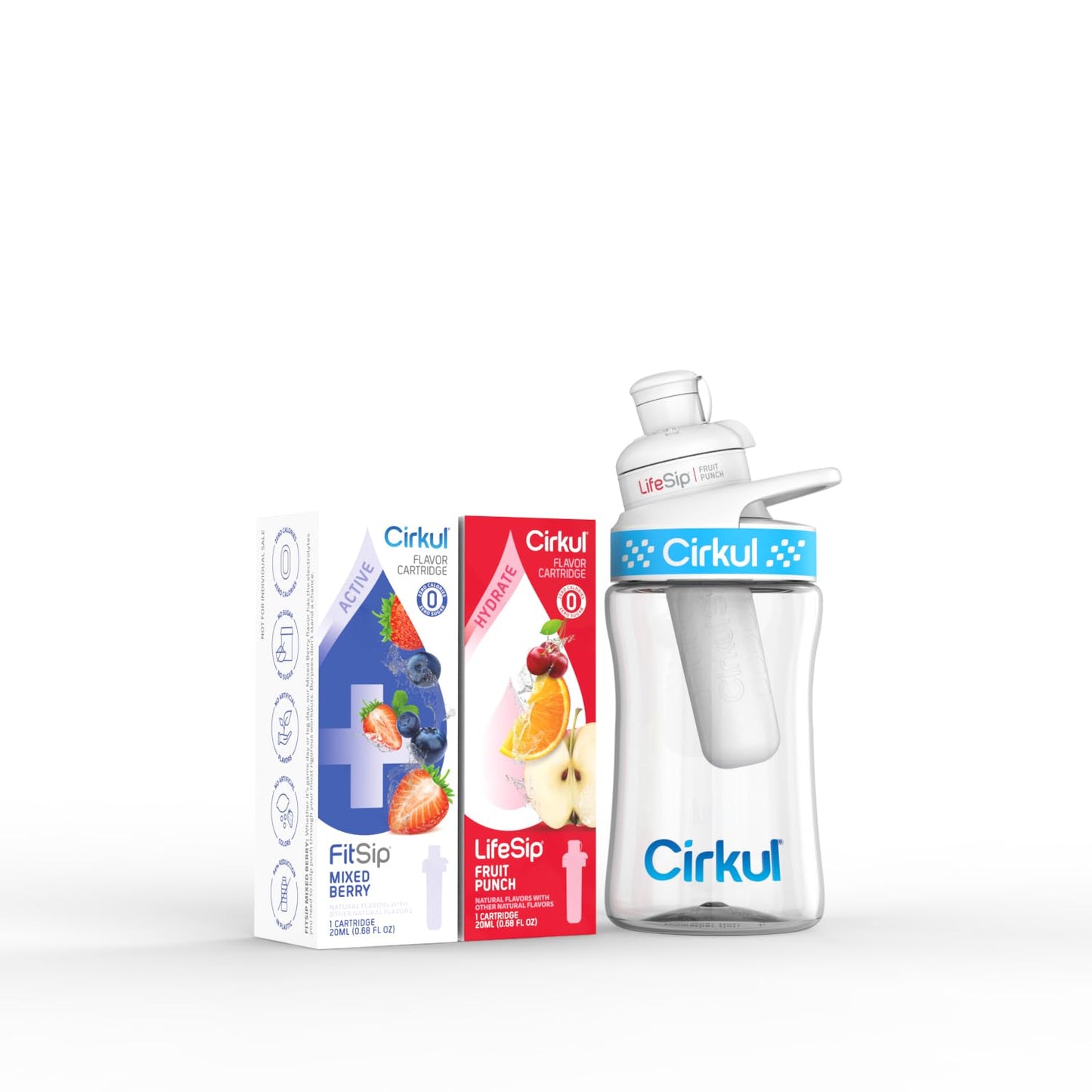 Cirkul 12oz. BPA-Free Plastic Water Bottle Starter Kit with Blue Lid, 2 Flavor Cartridges (1 LifeSip Fruit Punch and 1 FitSip Mi