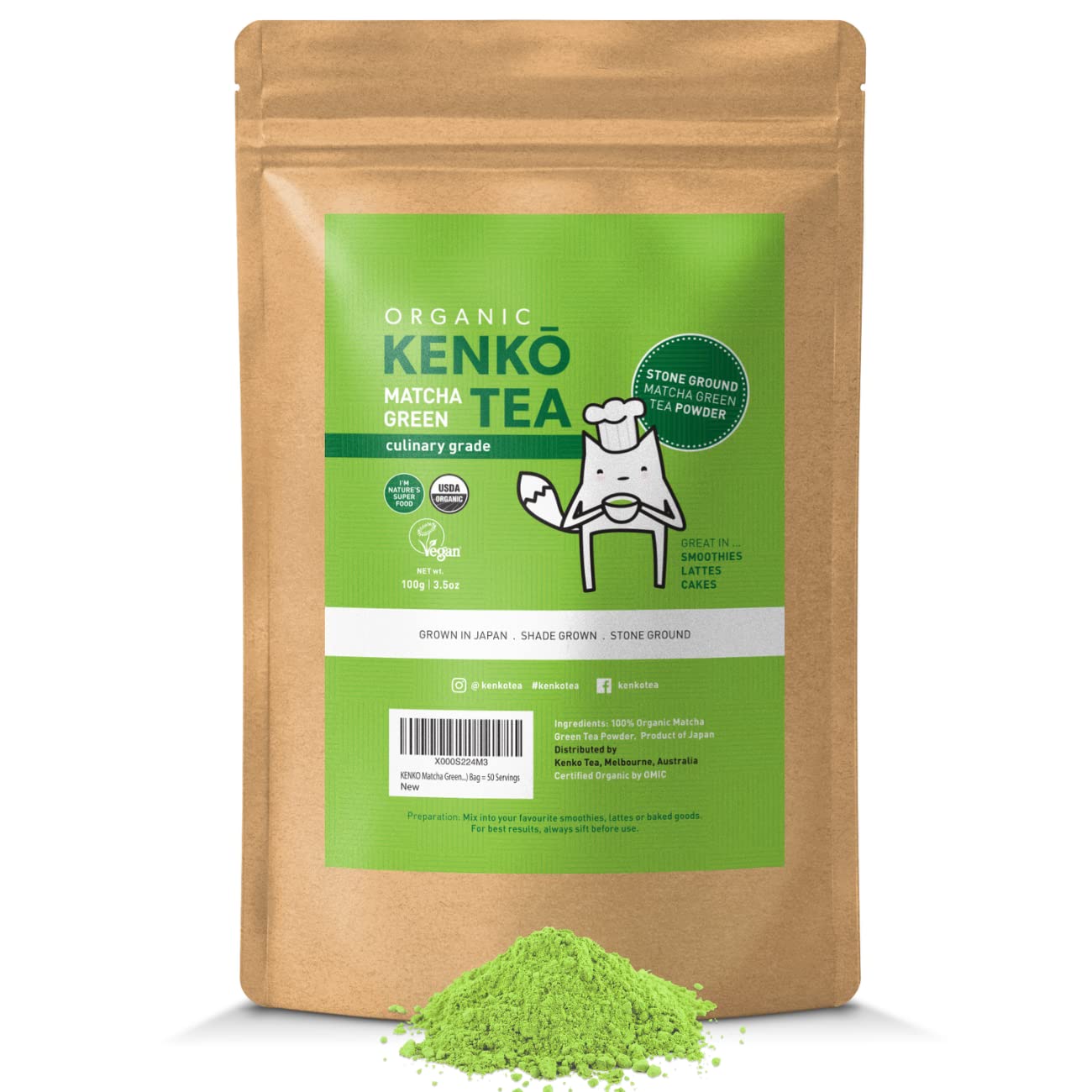 Kenko Matcha Green Tea Powder [Usda Organic] Culinary Grade Matcha Powder For Lattes  Smoothies And Baking [100G Bag = 50 Servings]