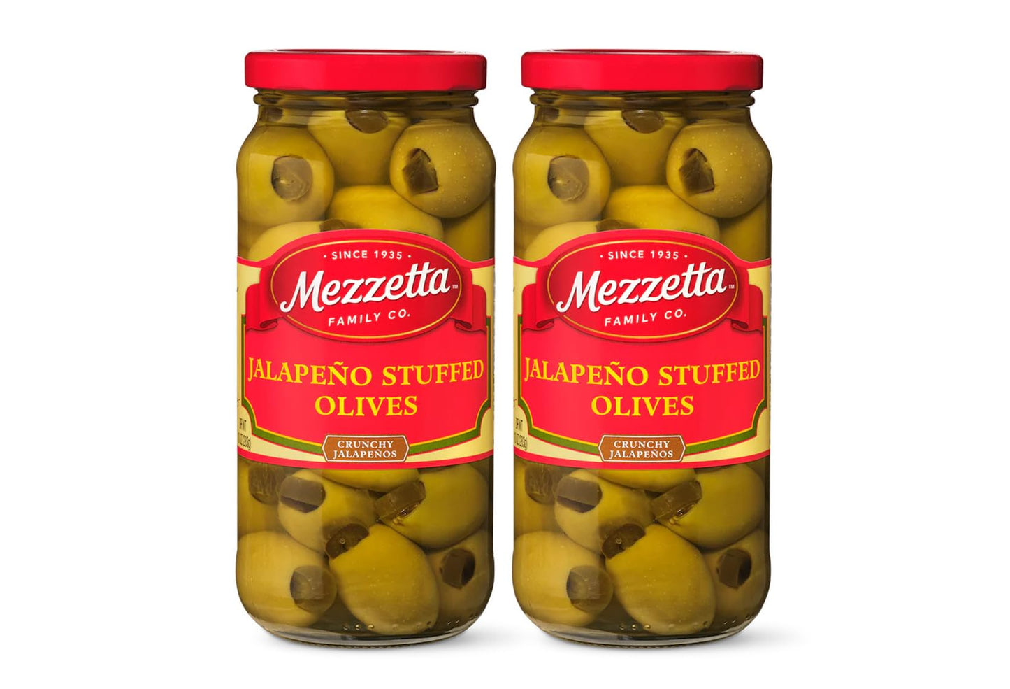Mezzetta Jalapeno Stuffed Olives, Medium Heat | Gluten Free, Keto | 10 Ounce Drained Weight Jar (Pack of 2)