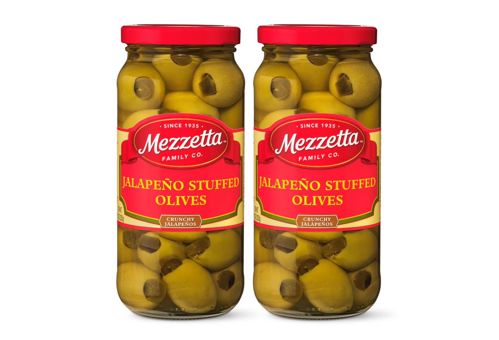 Mezzetta Jalapeno Stuffed Olives, Medium Heat | Gluten Free, Keto | 10 Ounce Drained Weight Jar (Pack of 2)