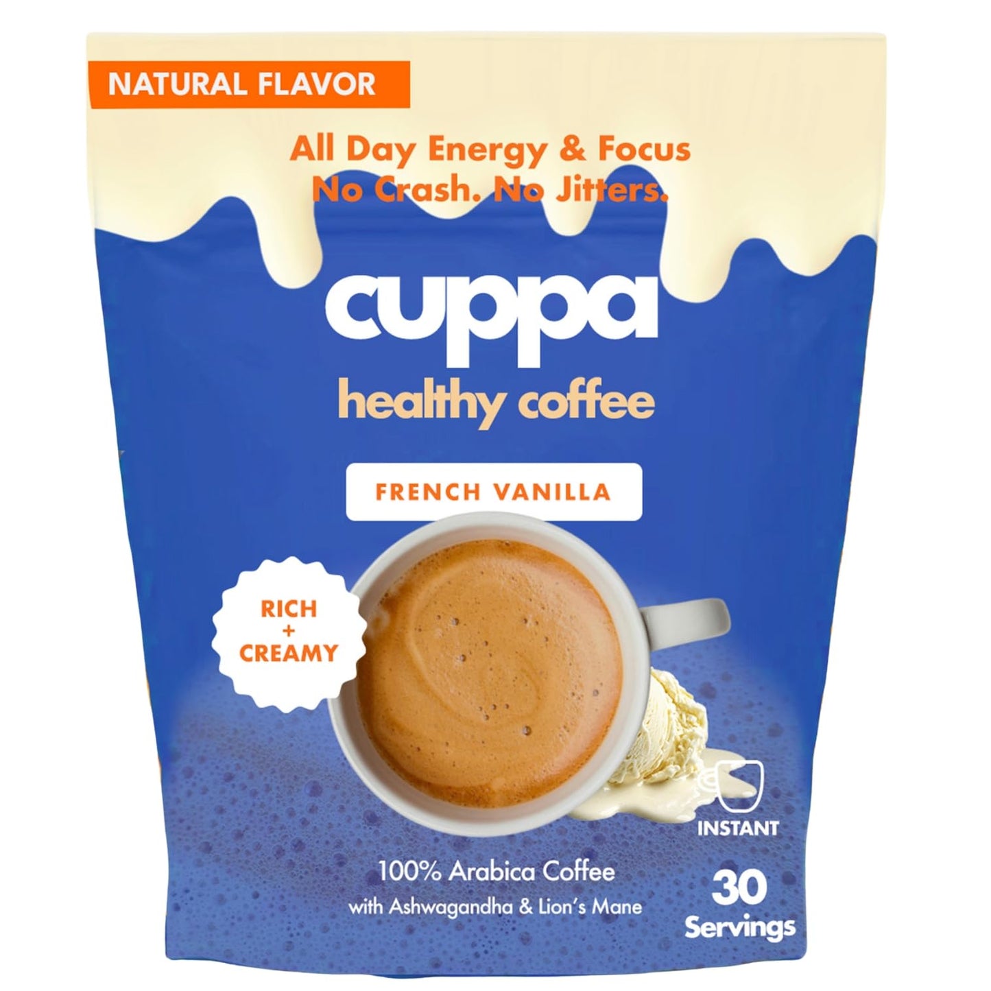 Cuppa French VanillaHealthy Mushroom Instant Coffee with Lions Mane & Ashwagandha for All Day Energy & Focus - No Crash or Jitters - Nootropics for Brain Health  Gut Health  Immunity  Stress  Memory + Mood - 30 Servings