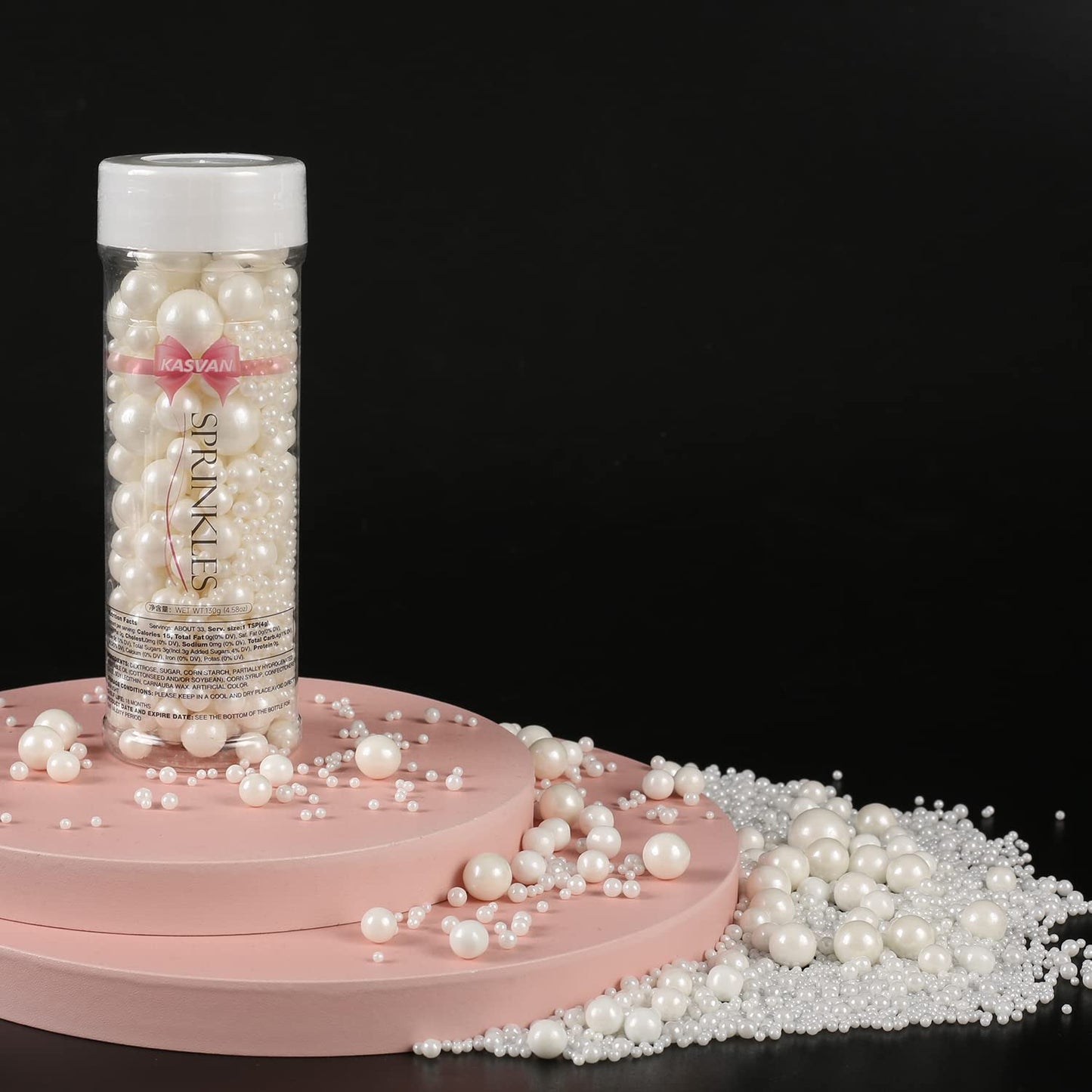 Kasvan White Pearl Sugar Sprinkles - Edible Candy Pearls 130G/4.58 Oz, Mix Size, Baking Cake Decorations, Ice Cream Toppings And