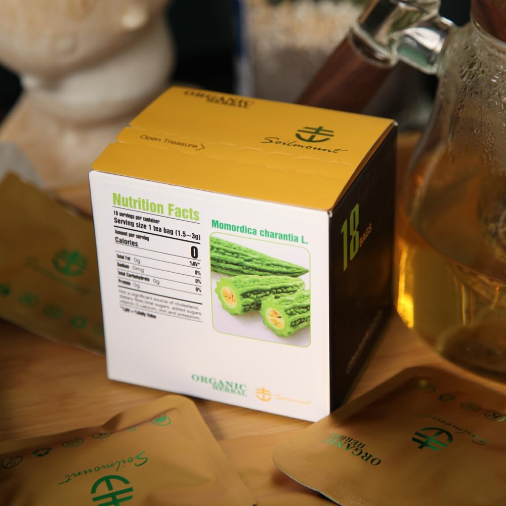 Soilmount Bitter Melon Tea Bags - 100% Organic Pure Bitter Melon Herbal Tea (Kugua/??/??) - Caffeine-Free, No Sugar, Gluten-Free, Vegan, Non-Gmo, 18 Bleach-Free Tea Bags For Health And Wellness