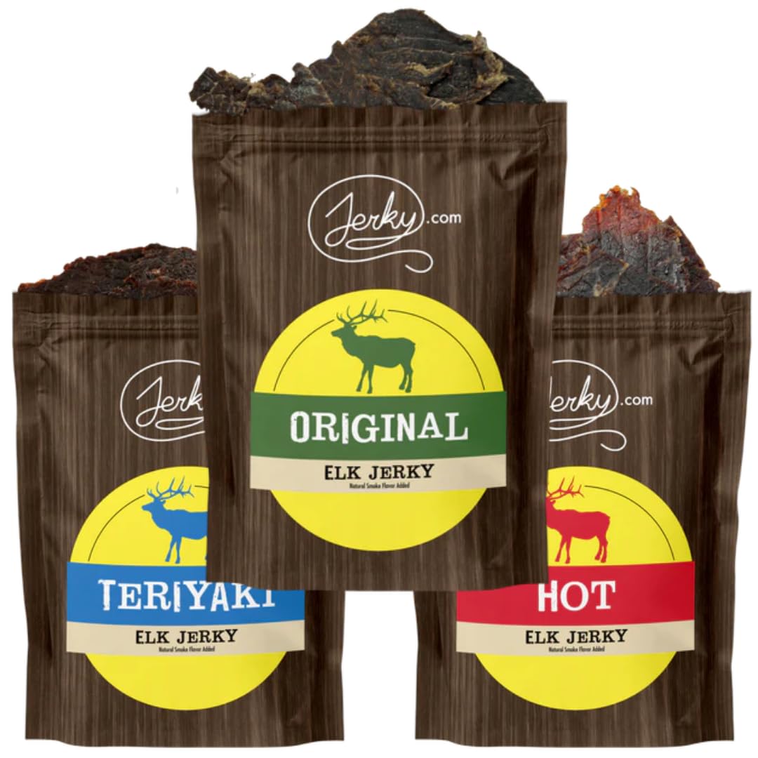 Jerky.Com Exotic Elk Jerky Sampler - Wild Game Meat Snacks  Exotic Snacks  High-Protein  All-Natural  No Added Preservatives - Healthy Snacks For 18+ Uses - 1.75 Oz. (Pack Of 3)