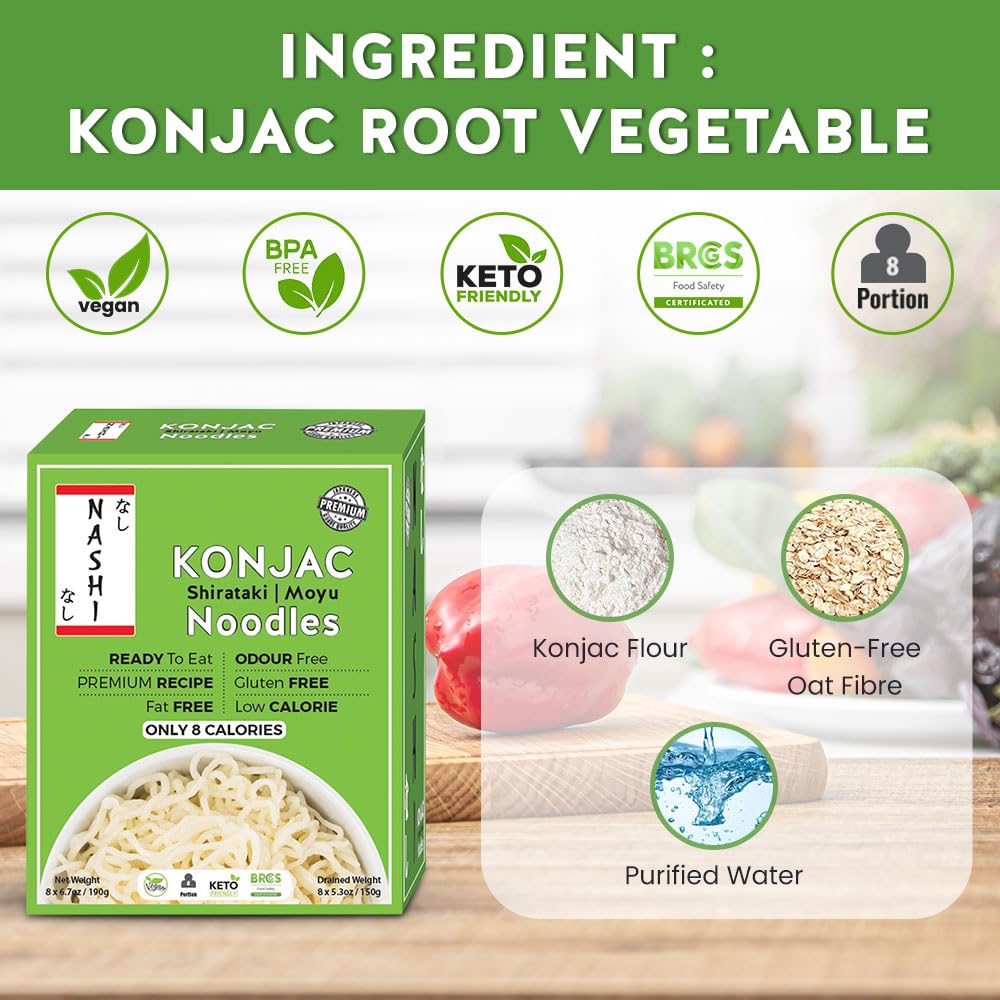 Nashi Shirataki Konjac Premium Noodles - Low Fat, Glucomannan Premium Recipe, Keto Friendly, Suitable For Vegan, Odour Free Low