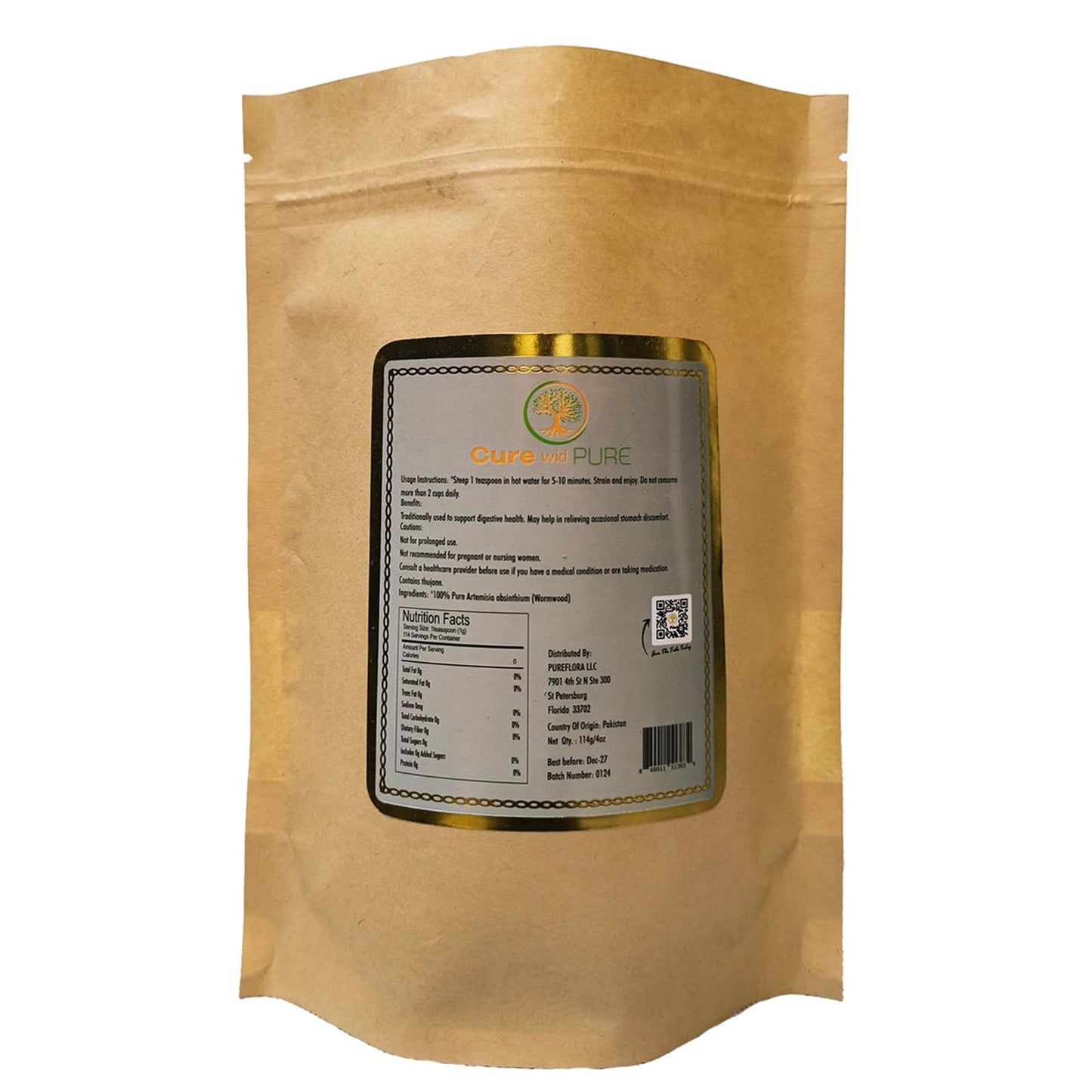 Cure wid Pure Organic Wormwood Herb Dried Cut & Sifted 4oz/114g - Artemisia Absinthium - Non-GMO Preservative & Additives Free Wormwood Tea In Eco Friendly Resealable Pouch Traditional Herbal Remedy