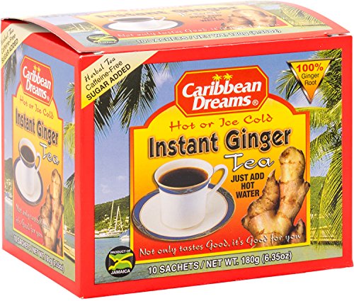 Caribbean Dreams Instant Ginger Tea, 100% Natural From Jamaica, Strong Taste And Aroma, 10 Sachets
