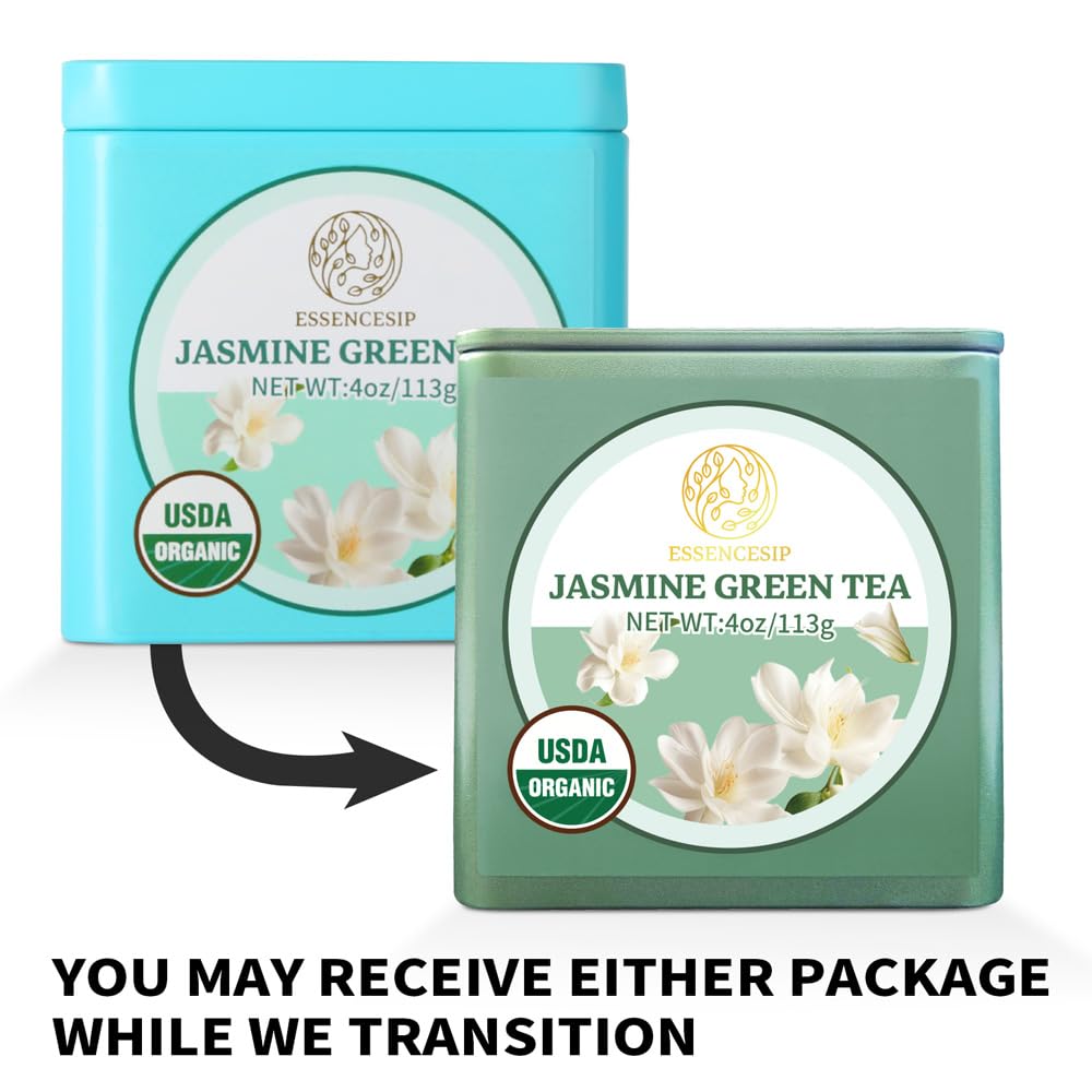 Essencesip Organic Jasmine Green Tea Loose Leaf  4oz Tin - Scented 5x with 6 000 Fresh Jasmine Blossoms  Low Caffeine  Antioxidant-Rich