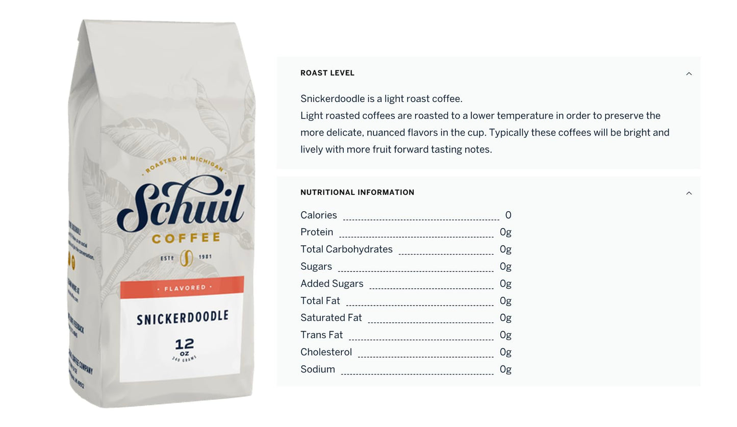 SCHUIL Snickerdoodle Flavored Coffee, Light Roast, 12oz Bag, Fair Trade, Whole Bean