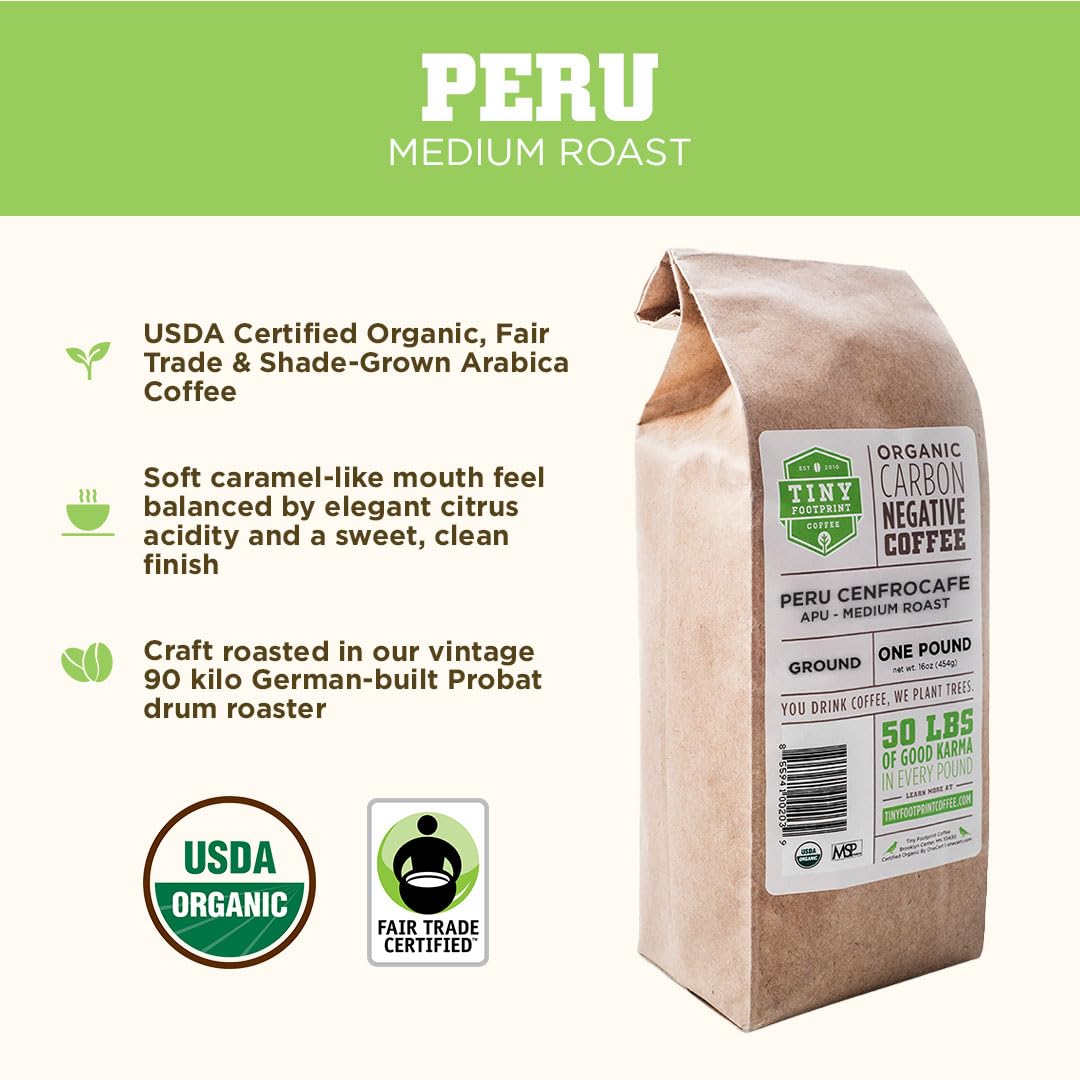 Tiny Footprint Coffee - Medium Roast USDA Organic Ground Coffee - 16 Ounce