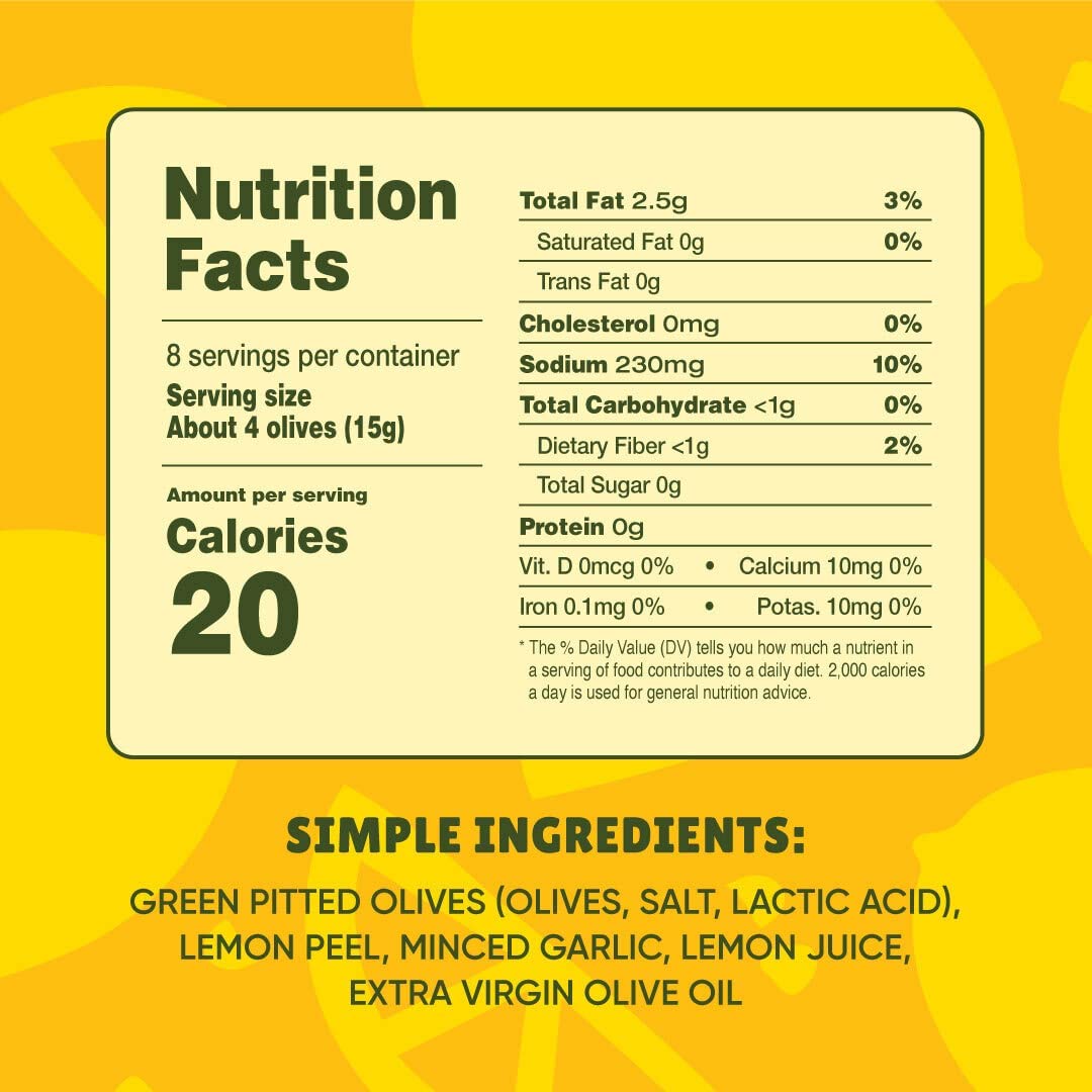 Freestyle Snacks Olive Snack Packs - Jumbo Green Olives, All Natural, Non-GMO, Lemon Garlic, 4oz (6 Pack)