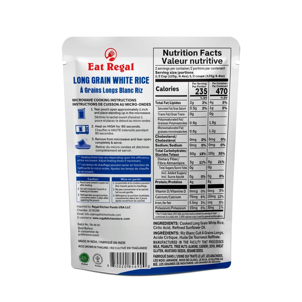 Eat Regal Long Grain White Rice, Ready to Eat in 90 Sec, 8.8 Ounce (Pack of 6), 100% Natural Ingredients, Microwavable Side Dish