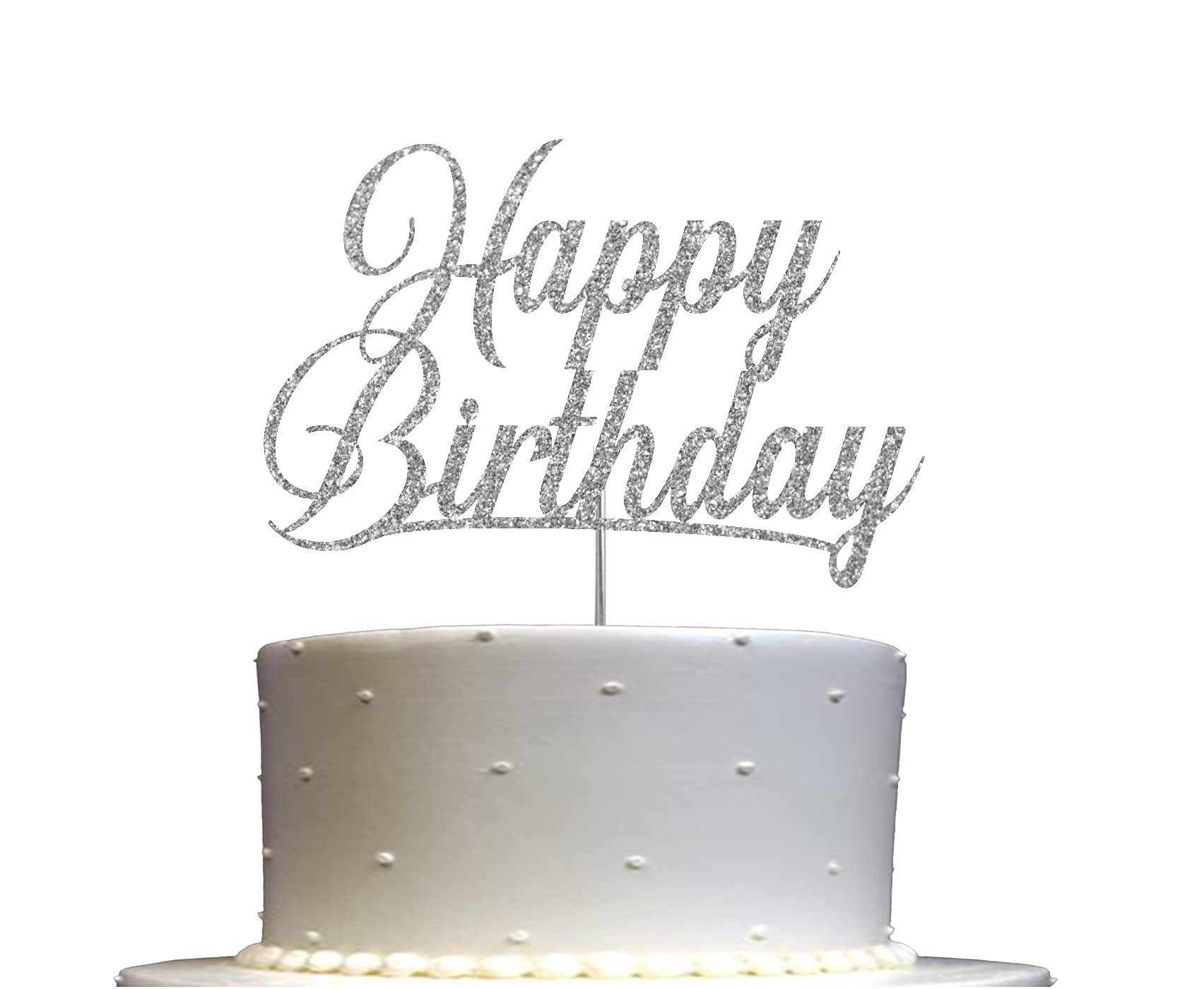 RokAPary Happy Birthday Glitter Cake Topper, Double-Sided Acrylic, Silver