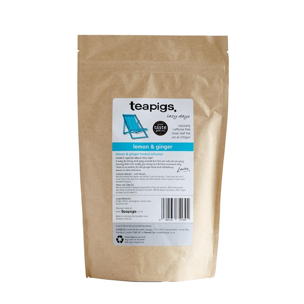 teapigs Lazy Days Lemon & Ginger Herbal Tea, Naturally Caffeine Free, 200g, Big Leaf Tea