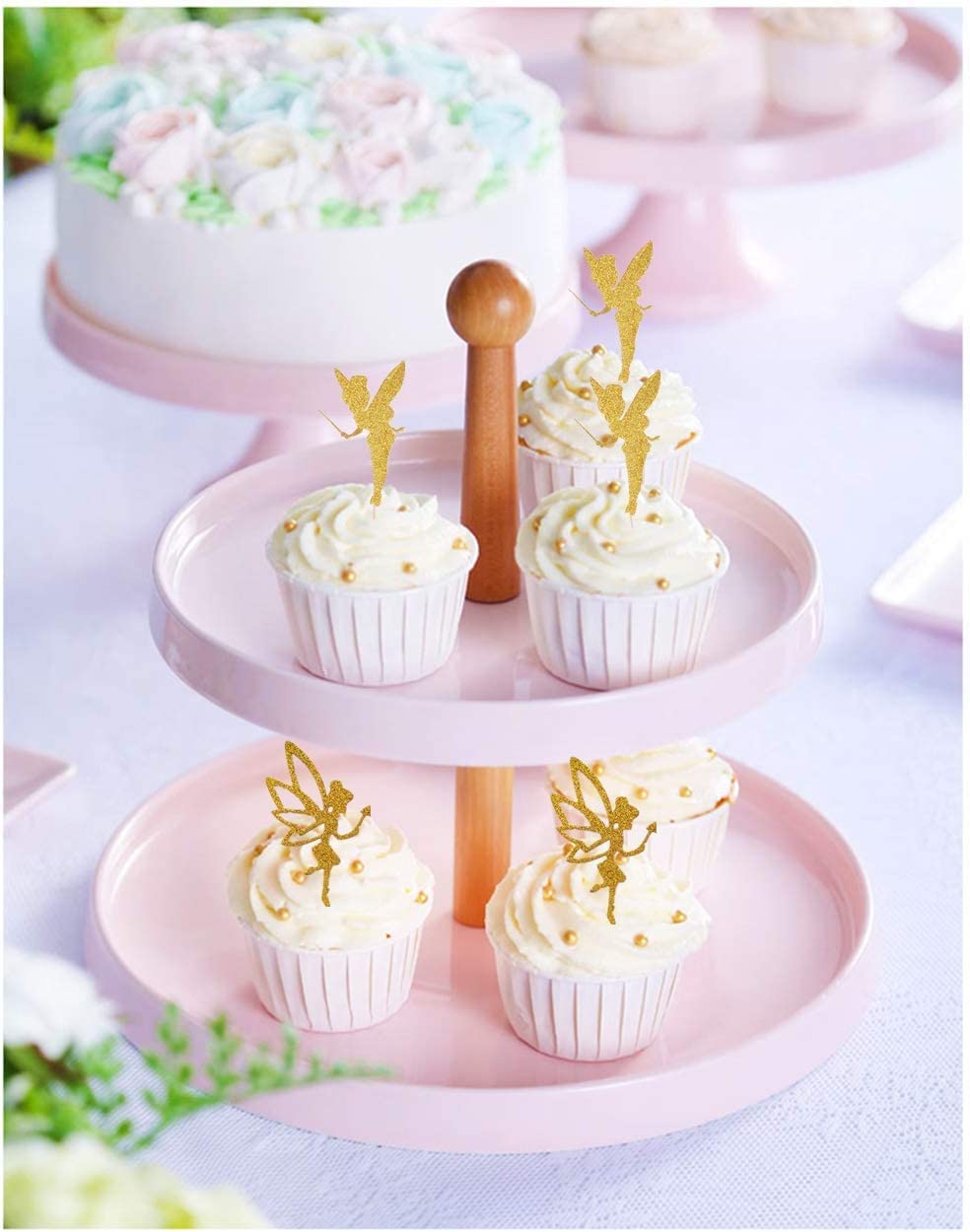 Jevenis 32Pcs Gold Glitter Fairy Cupcake Toppers Angel Cake Topper Ballet Cupcake Topper For Birthday Bridal Shower Baby Shower