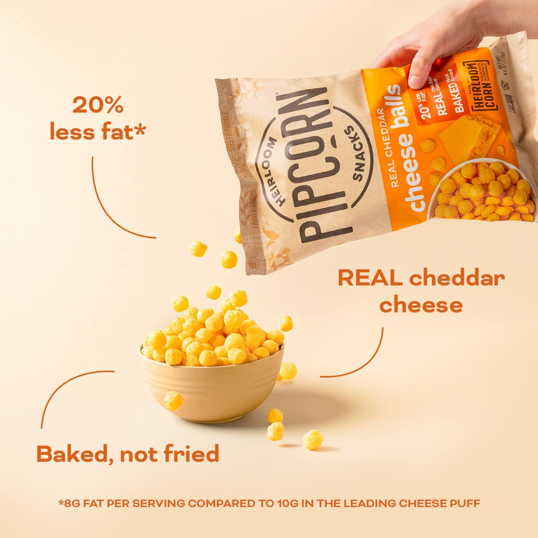 Heirloom Cheddar Cheese Balls By Pipcorn - 4.5Oz - Organic Cheese No Artificial Anything Non-Gmo Heirloom Corn No Preservatives