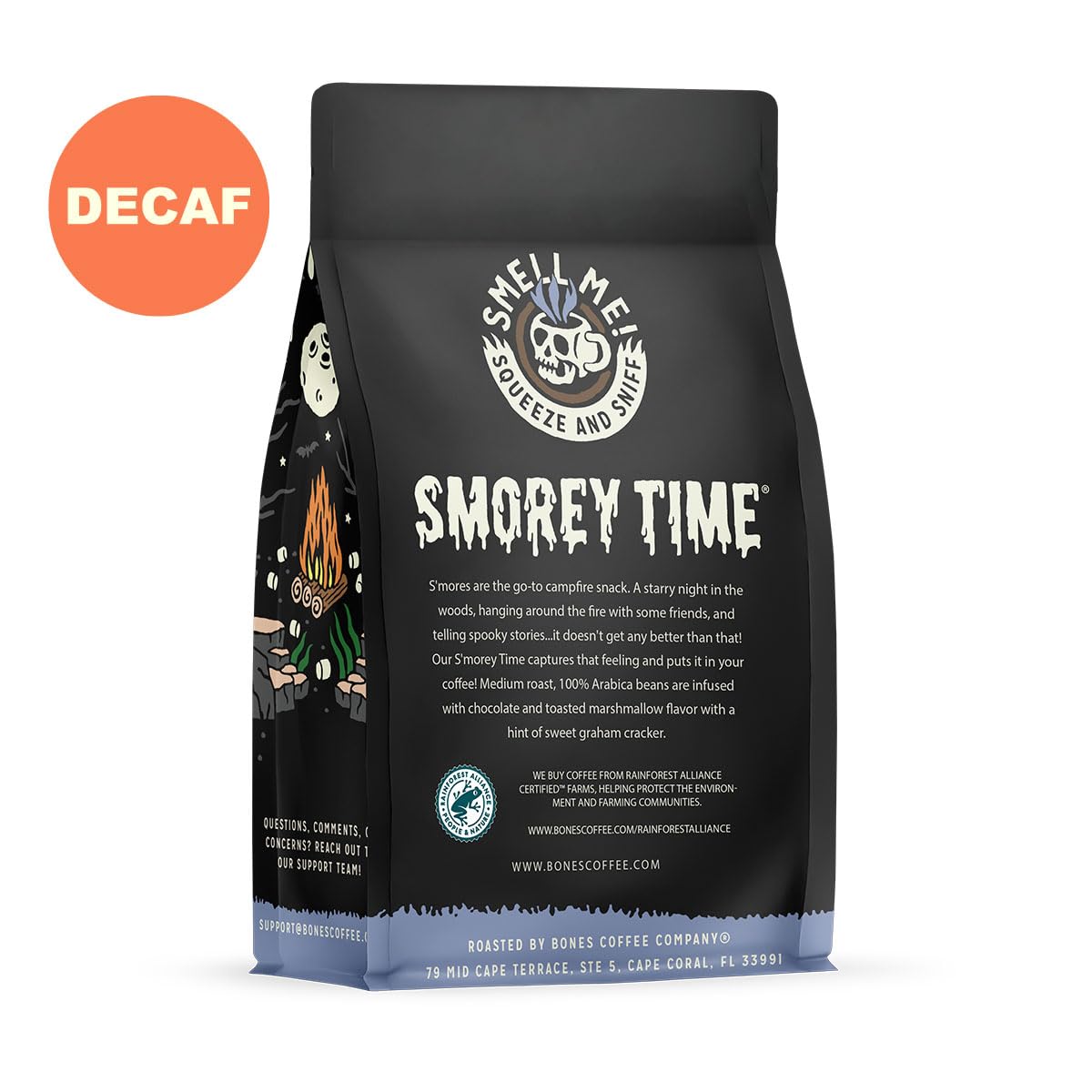 Bones Coffee Company Decaf S'Morey Time Whole Coffee Beans S'Mores And Graham Crackers Flavor, Low Acid Flavored Coffee, Made With Arabica Coffee Beans, Medium Roast Gourmet Coffee (12 Oz)