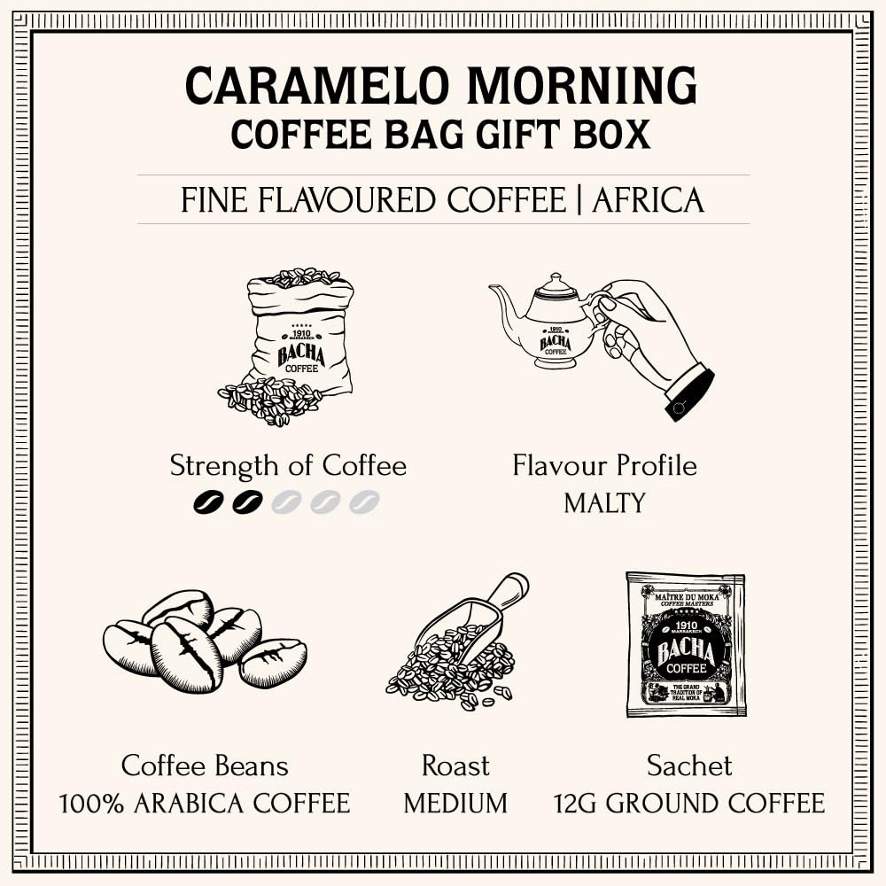 Bacha Coffee | Caramelo Morning Fine Flavoured, Medium Roast, 12 * 12G Individually Wrapped 100% Arabica Single Serve Filter Bag