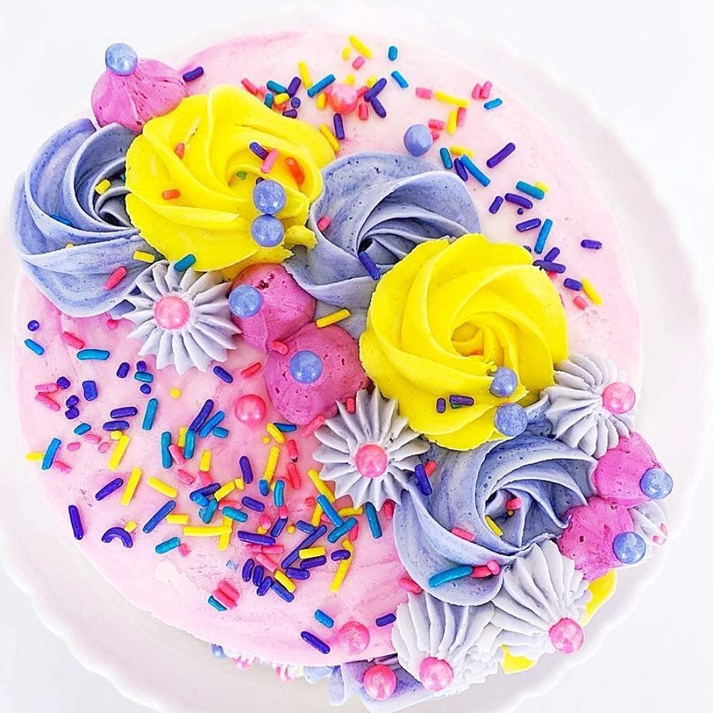 Sweets &   Boutique Edible Cake Sprinkles - Yellow Jimmies, Purple Nonpareils, Pink & Blue Sugar Pearls, Pixie Dust Color