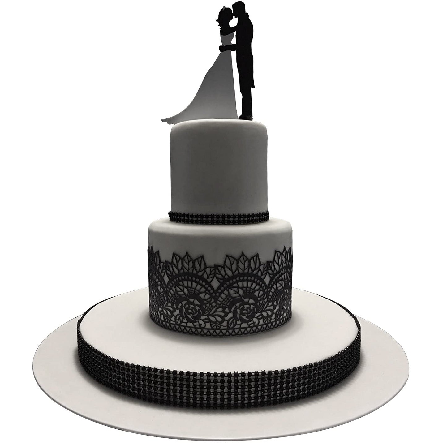Large Pre-Made Ready To Use Edible Cake Lace Rose Scallop Black 14-Inch 10-Piece Set