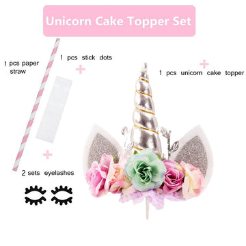 Nishine Rose Floral Unicorn Cake Topper Birthday Party Cake Decoration (Silver&Mint)