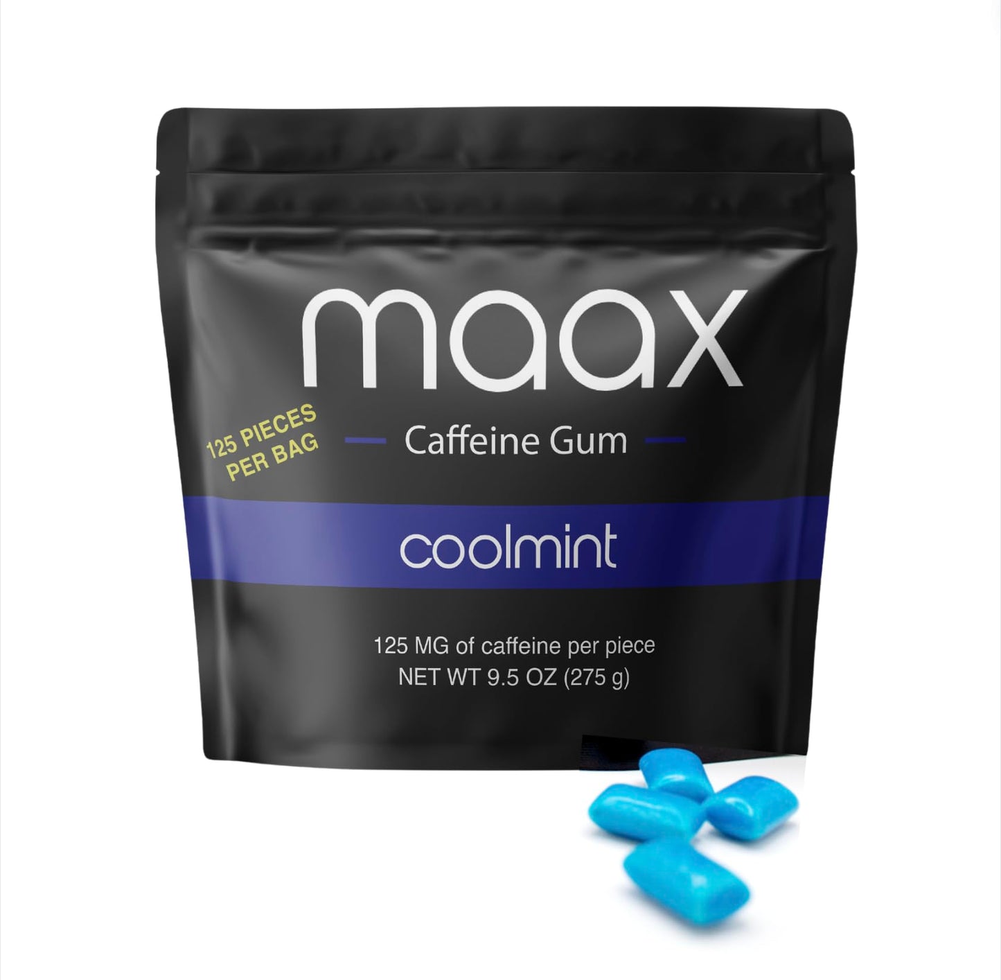 Maax Caffeine Energy Gum - Focus Gum, 125mg Caffeine per Piece, Coolmint, 1.9oz (Pack of 5), Blue