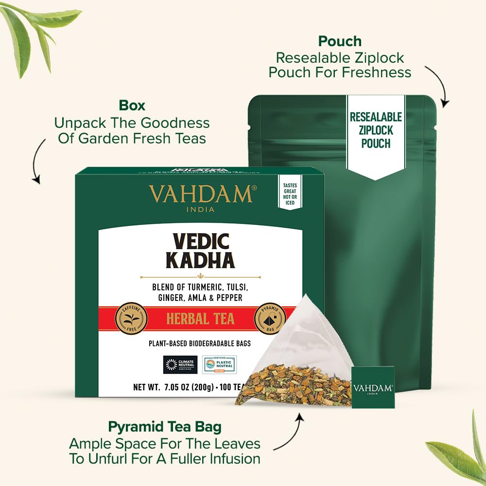 VAHDAM Vedic Kadha Herbal Tea - 100 Tea Bags with Turmeric, Black Pepper, Amla, Tulsi & Ginger - 100 Count