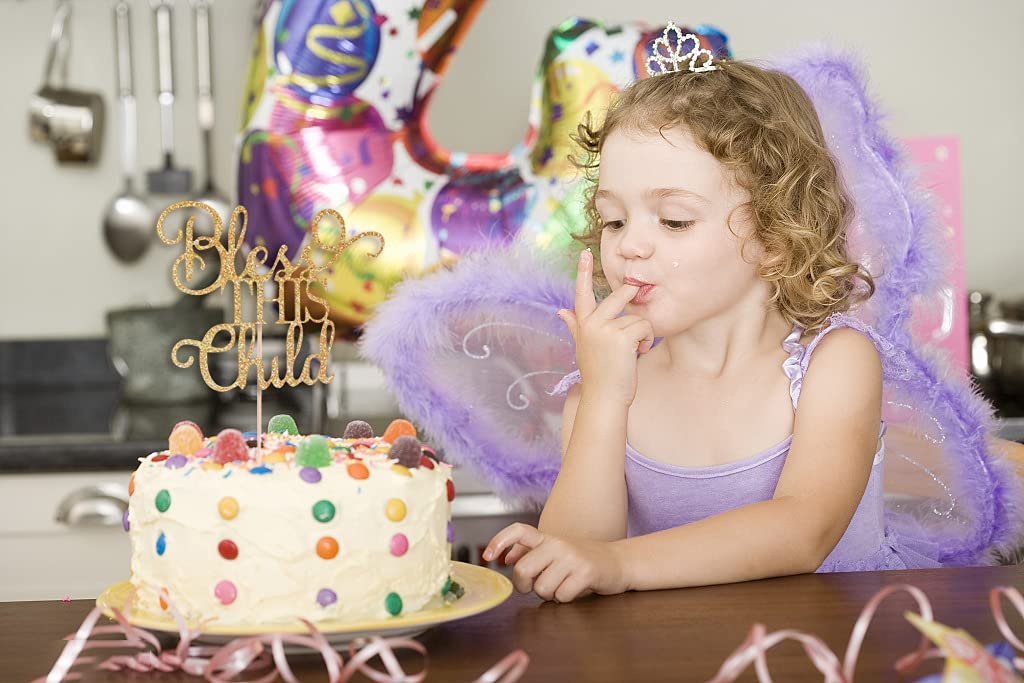 Ahaoray Bless This Child Cake Topper - Gold Glitter Chlid Christening Cake Decoration Supply - Smash Cake Topper For First Holy