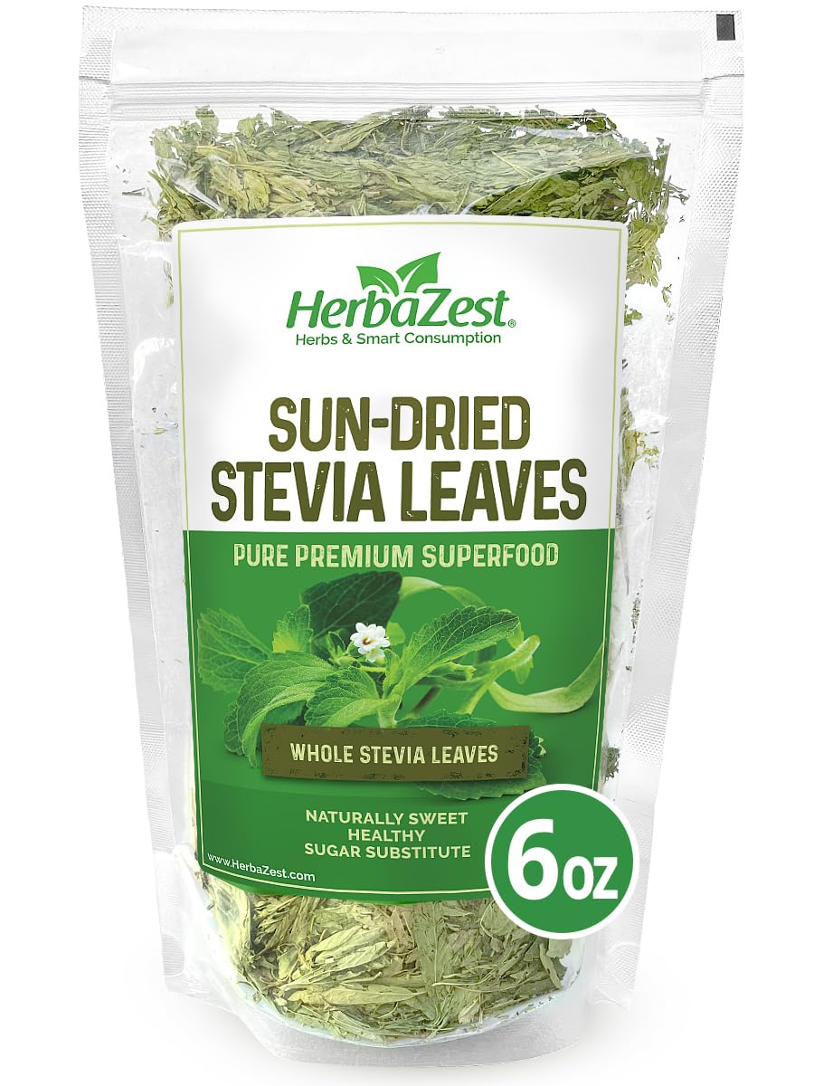 HerbaZest Sun-Dried Stevia Leaves - Premium Whole Stevia Leaf - 6oz Zero-Calorie Sugar Substitute for Beverages