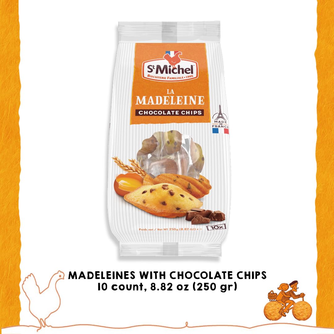 St Michel Chocolate Chip Madeleines French Sponge Cakes Made In France, Pack Of 2 (250G Each) Non-Gmo. Total Of 20 Individually Wrapped All Butter Traditional Madeleines Sponge Cakes