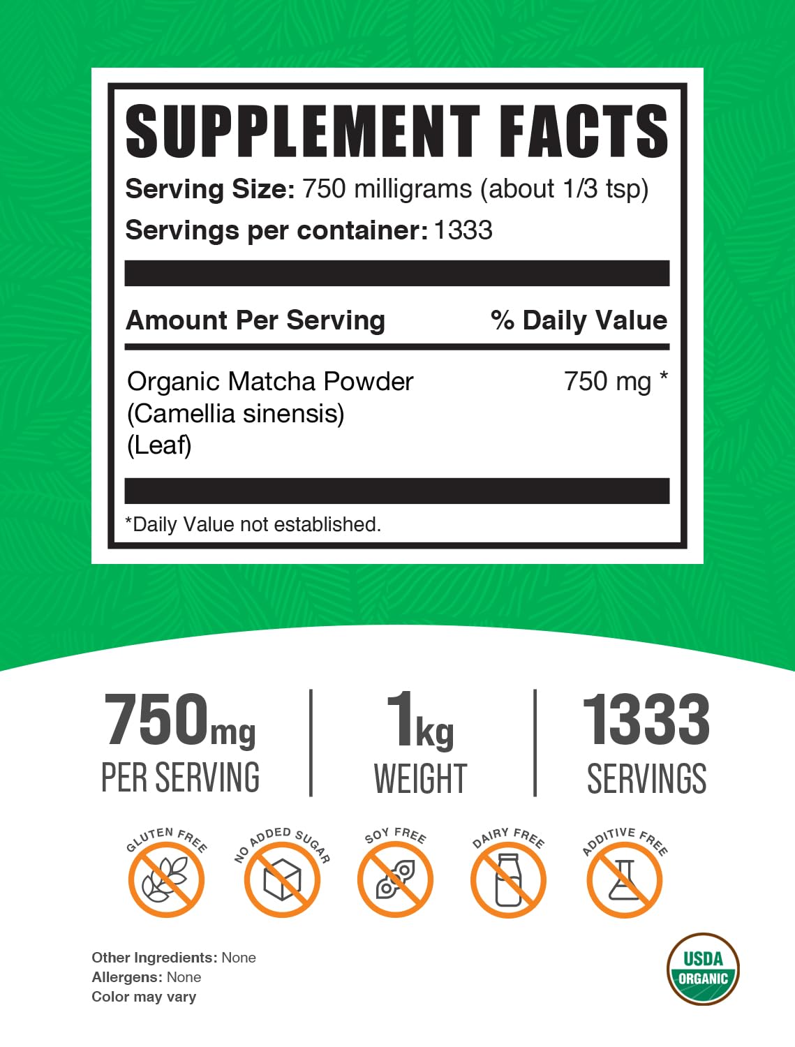 Bulkdietary products Organic Matcha Powder - Culinary Grade, Gluten Free, 750mg per Serving, 2.2 lbs (1kg), Pack of 1