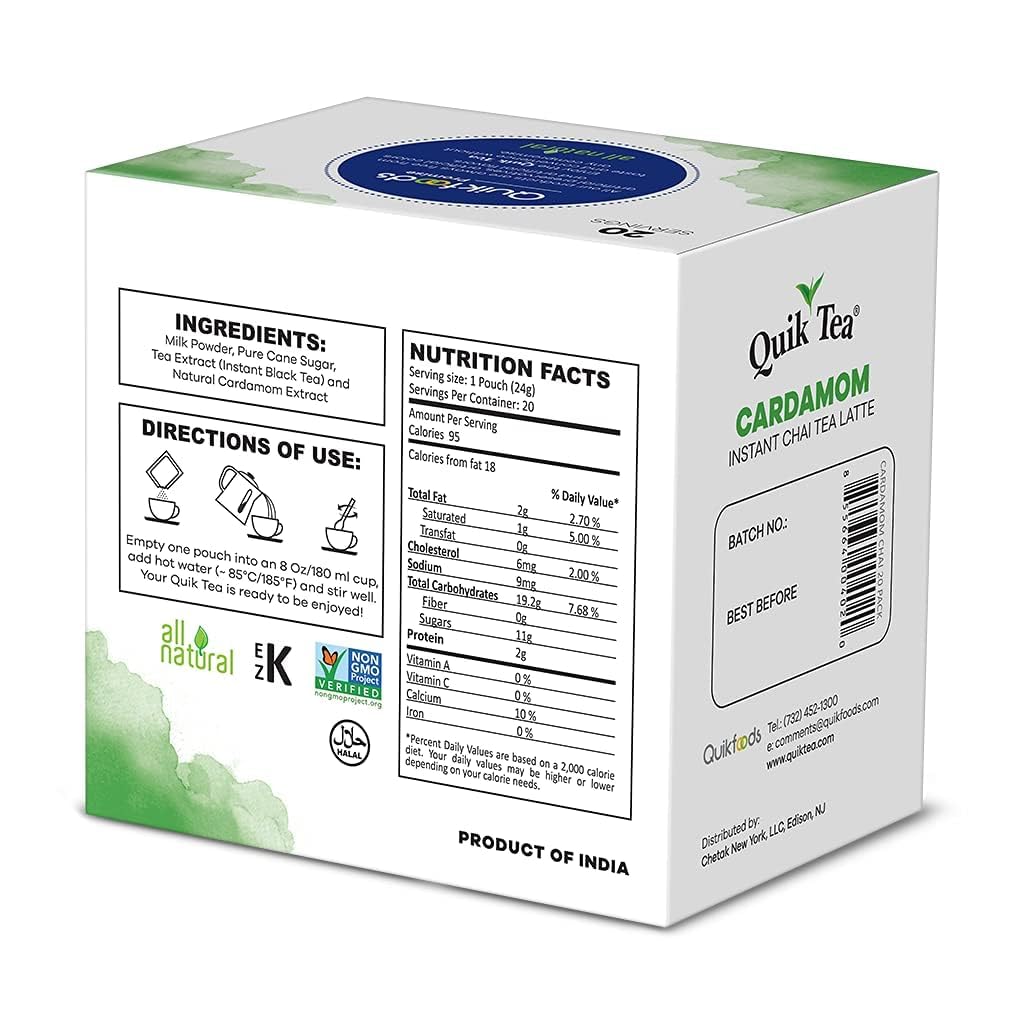 Quiktea Cardamom Instant Chai Tea Latte - 20 Count Single Box - Single Serve Pouches - All Natural & Preservative Free