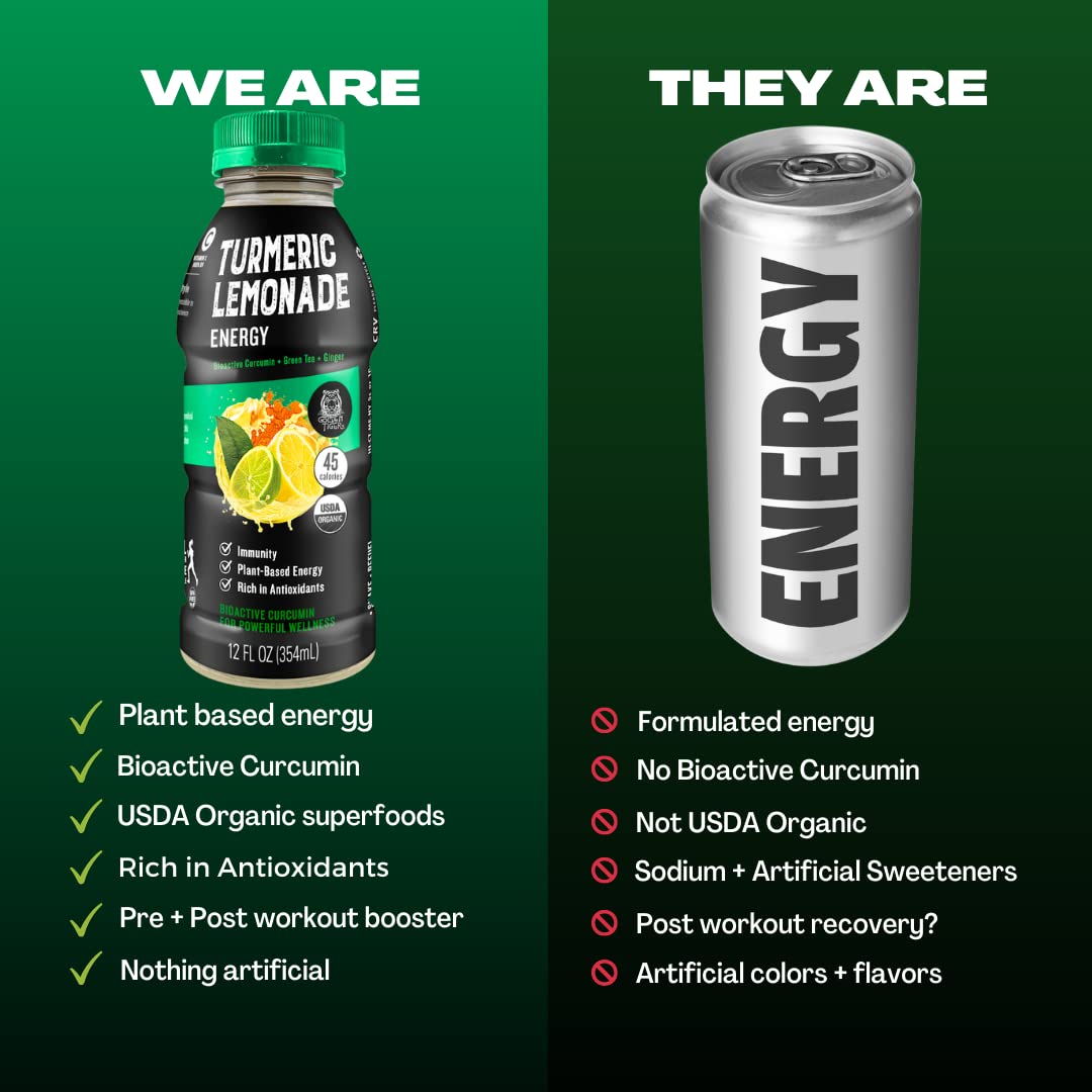 Golden Tiger Turmeric Lemonade, Energy - Organic Superfood-Infused Sports Drink With Curcumin, Ginger, & Green Tea - Antioxidants For Energy, Recovery, And Immunity, 45 Cals (12-Pack)