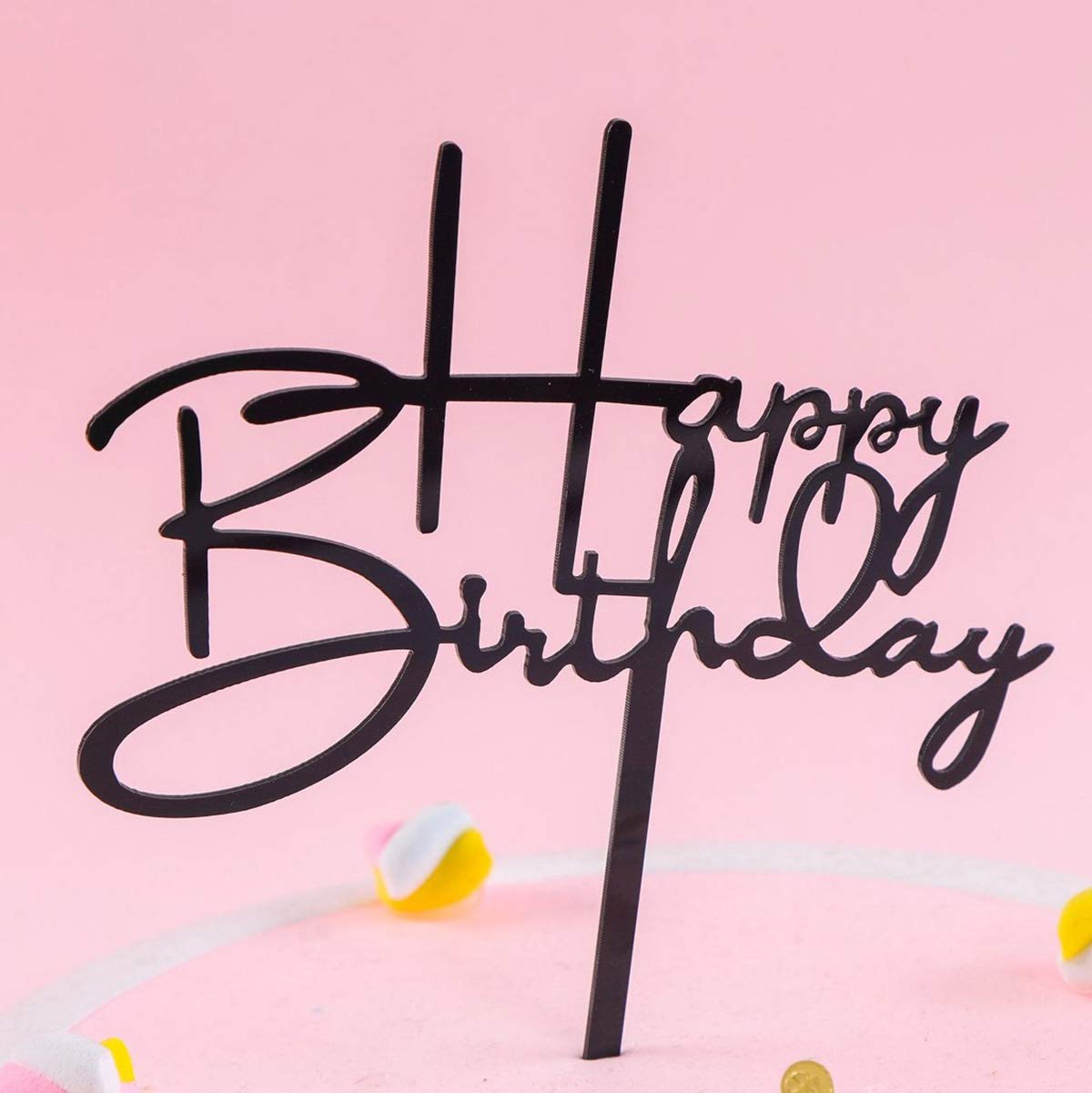 Happy Birthday Cake Topper For Birthday Party Decorations (Black Acrylic)
