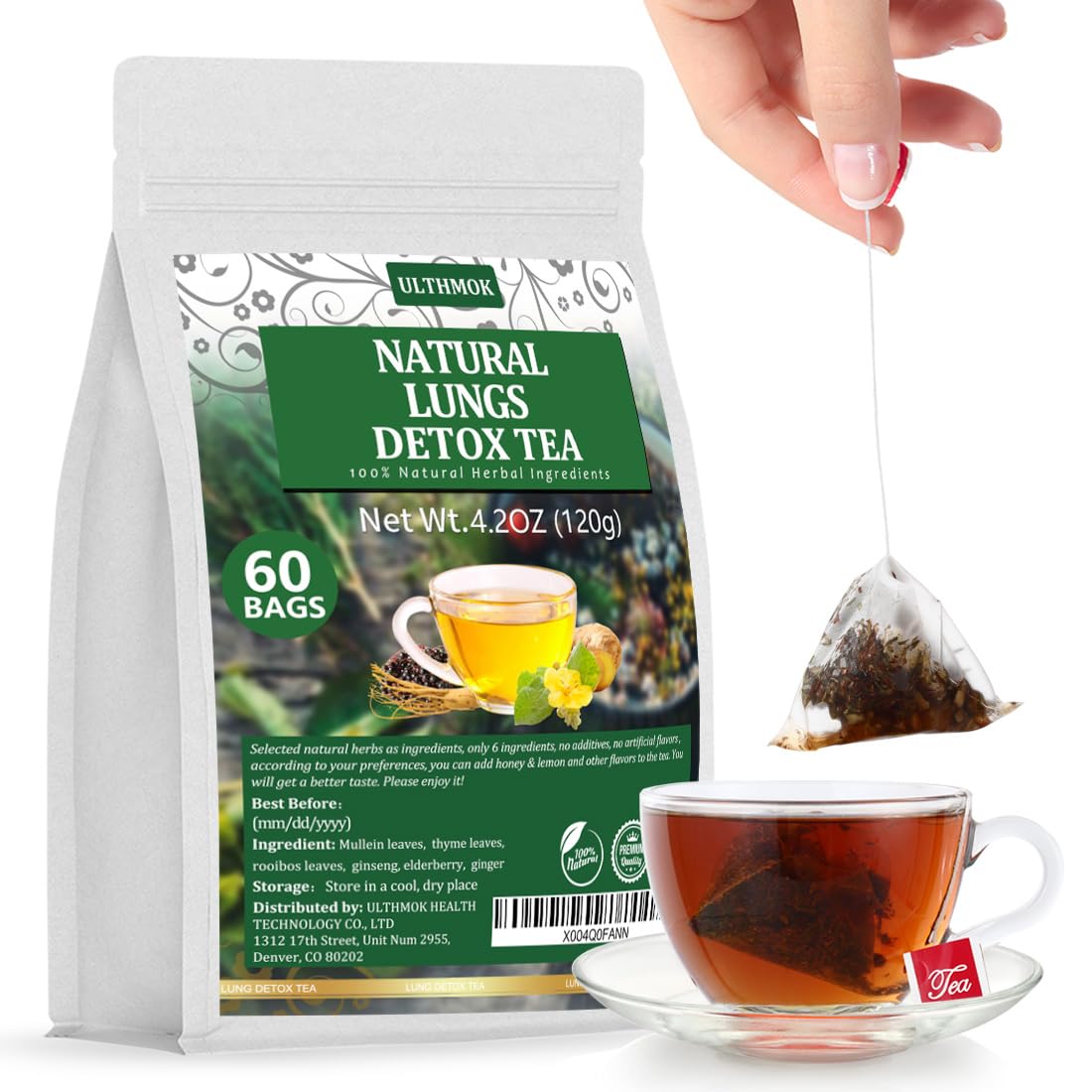 Top-Grade 60 Natural Herbal Blend Tea Bags  Made With 6 Natural Herbs  Mullein Leaves  Elderberry  Thyme  Rooibos  Flavor Blendseng Root  Flavor Blendger Root  For Respiratory Support & Lung Health & Cleanse Mucus & Wellness & Detox.