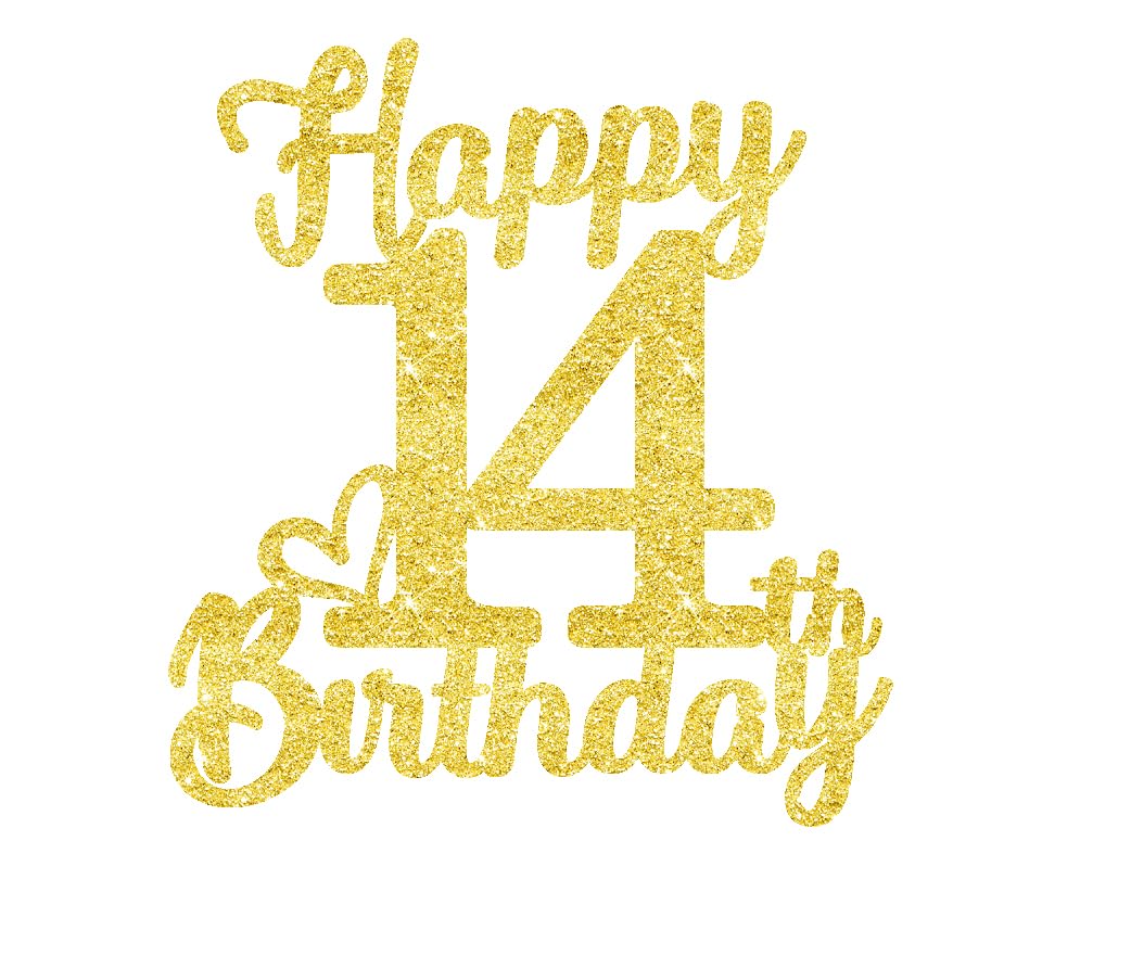 14Th Birthday Cake Topper - Double Sided Gold Glitter, Happy 14Th Birthday Cake Topper For Girls,14 Cake Decorations For Girls,
