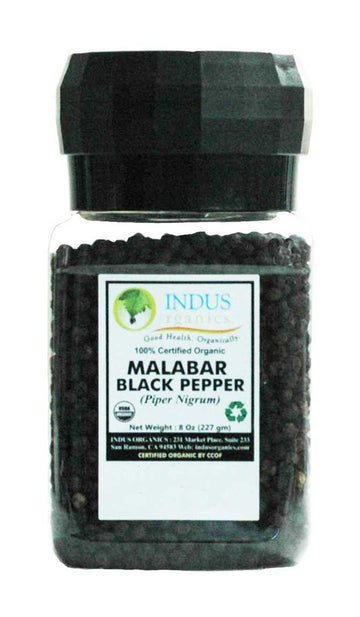 Indus Organics Malabar Black Peppercorns Grinder, Premium Grade, 8 Oz Jar, Freshly Packed, High Purity