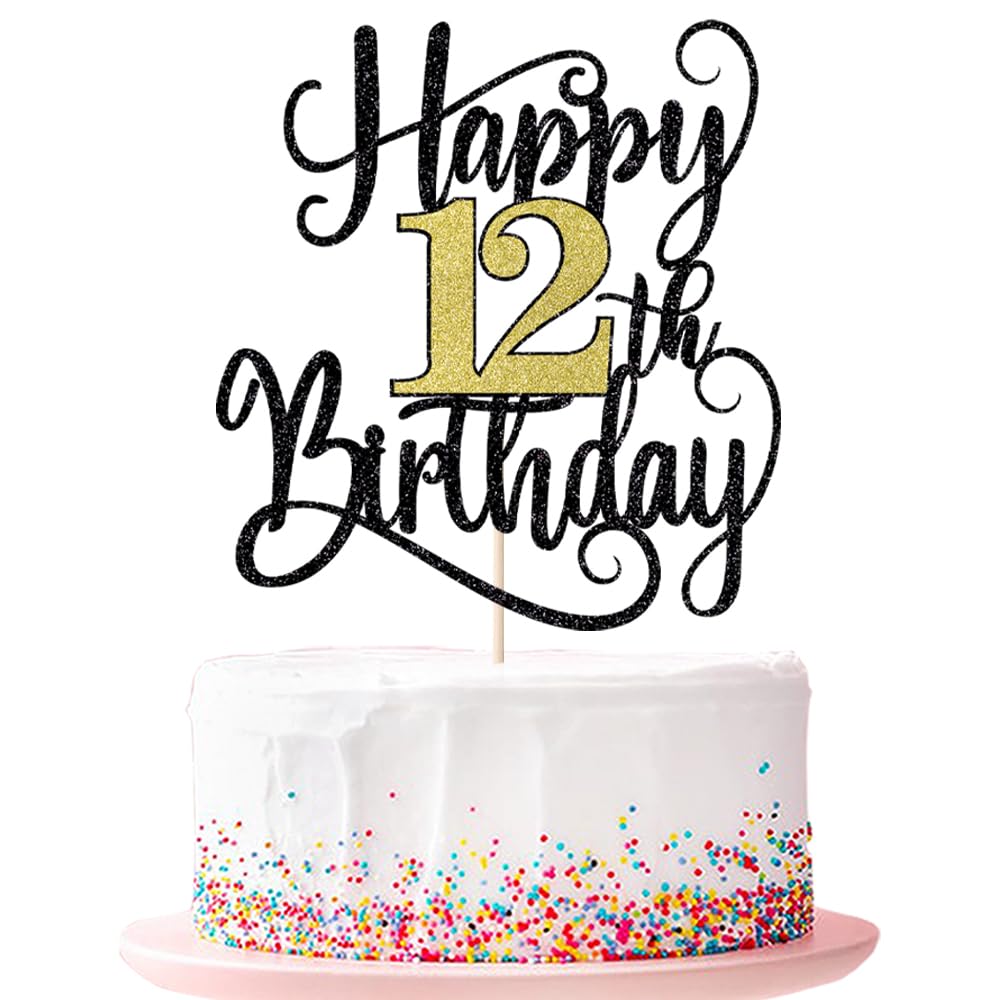 Happy 12Th Birthday Cake Topper, 12 Birthday Party Cake Decorations (Black And Gold Flashes, 12Th)
