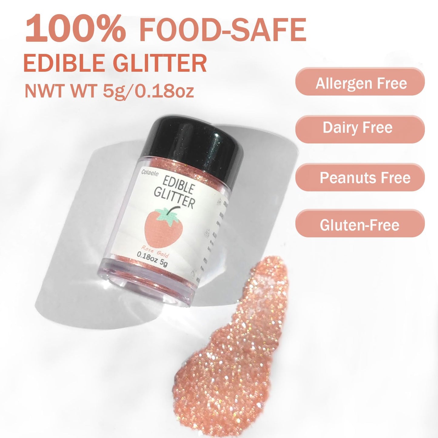 Colaele Rose Gold Edible Glitter - Food Grade Luster Dust for Cakes & Drinks, 5g Vegan Sprinkle