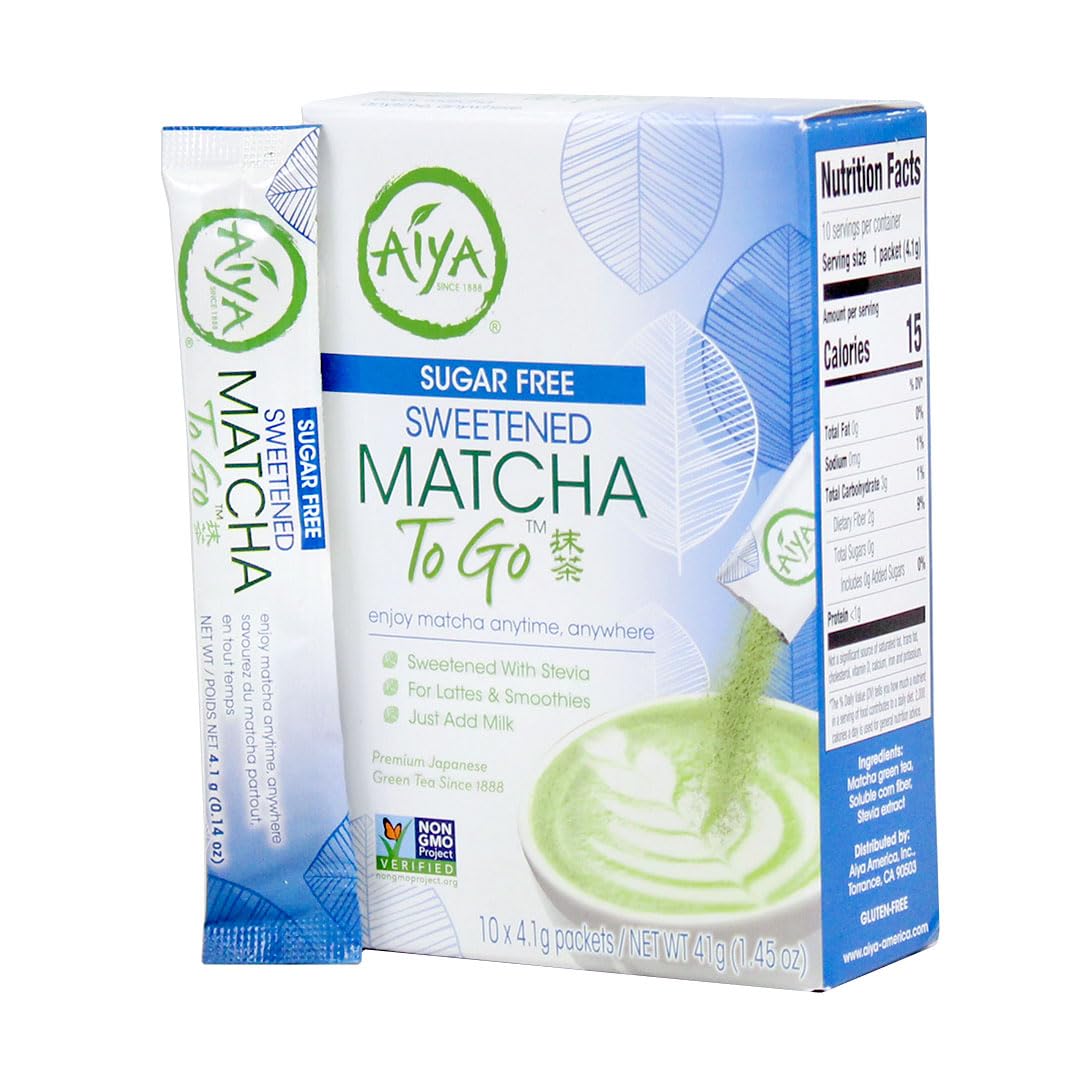 Aiya Sugar-Free Sweetened Matcha To Go Sticks - Stevia Sweetened Packets, Premium Japanese Matcha Powder, Gluten-Free - 10 Singl