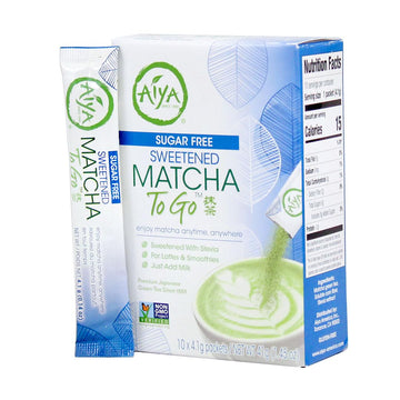 Aiya Sugar-Free Sweetened Matcha To Go Sticks - Stevia Sweetened Packets, Premium Japanese Matcha Powder, Gluten-Free - 10 Singl