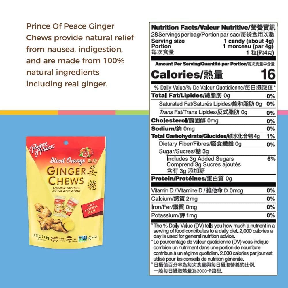 Prince of Peace Blood Orange Ginger Chews, 4 oz. - Candied Ginger - Candy Pack - Ginger Chews Candy - Natural Candy