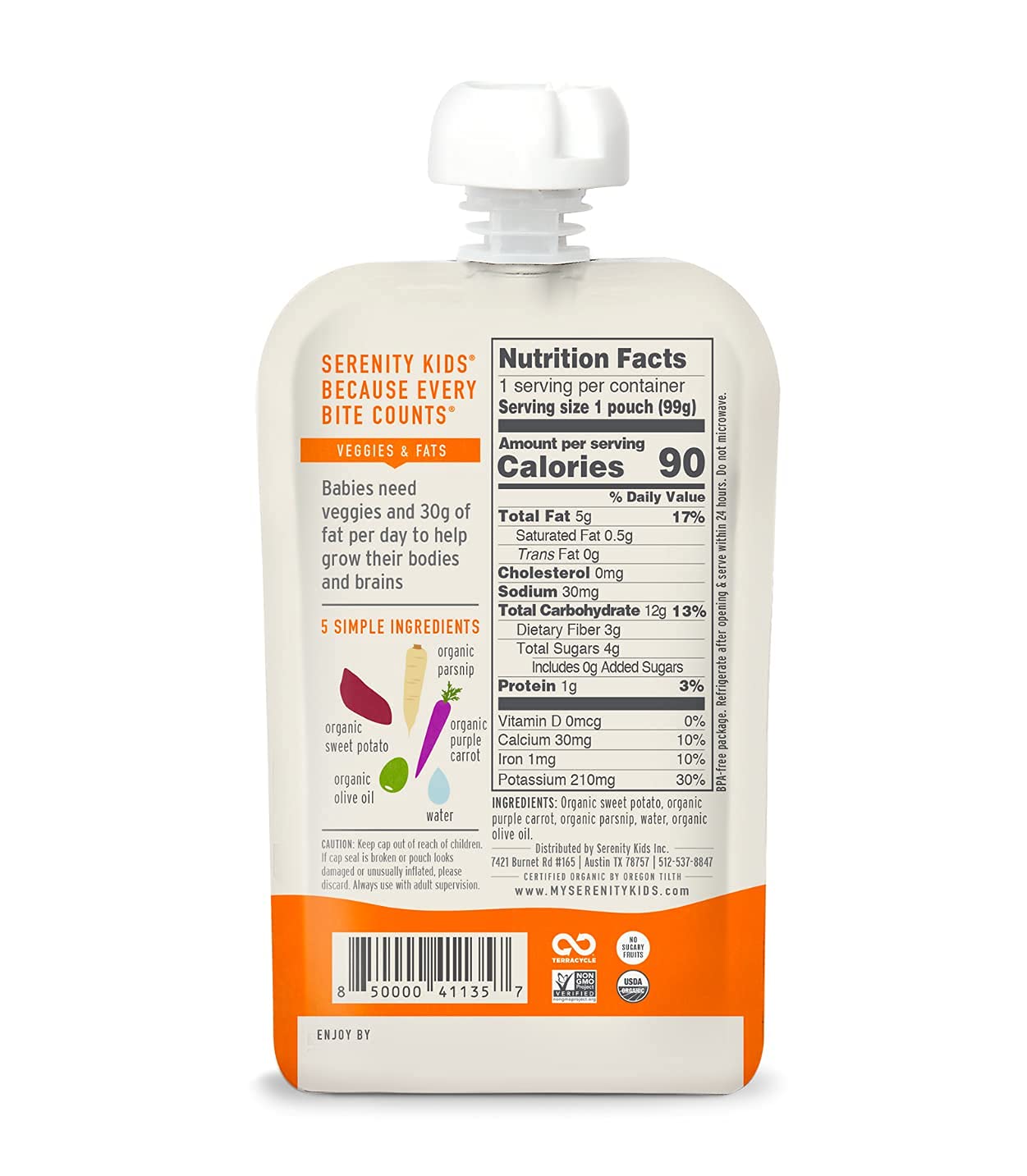 Serenity Kids 6+ Months Baby Food Pouches Veggie Puree - Sweet Potato & Parsnip - Bpa-Free & Usda Organic Baby Food - No Added Sugar - Allergen Free - 3.5 Oz, 6 Pack
