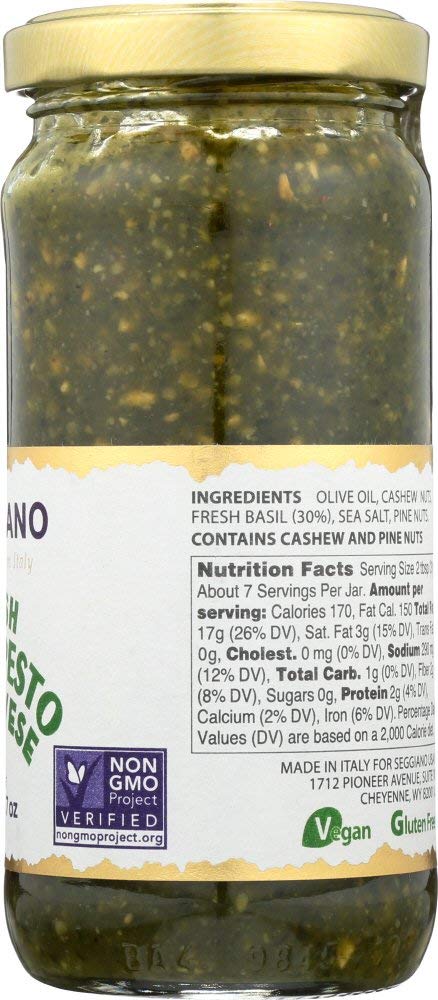Seggiano Fresh Basil Pesto, Raw Genovese, 7 Oz - Pack of 6, Authentic Italian Flavor, Gluten-Free, Perfect for Pasta and Spreads