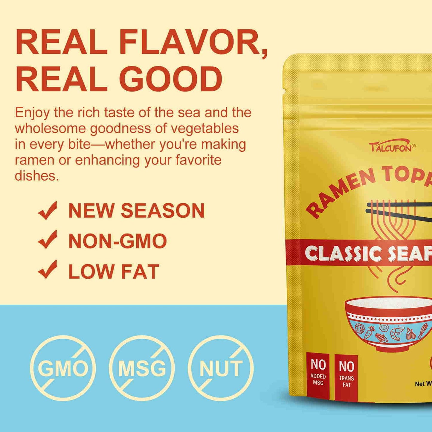 Talcufon Ramen Toppings 8 Oz, Classic Seafood And Vegetables Mix Premium Seafood And Sun-Dried Seasonal Vegetables, Ready To Use